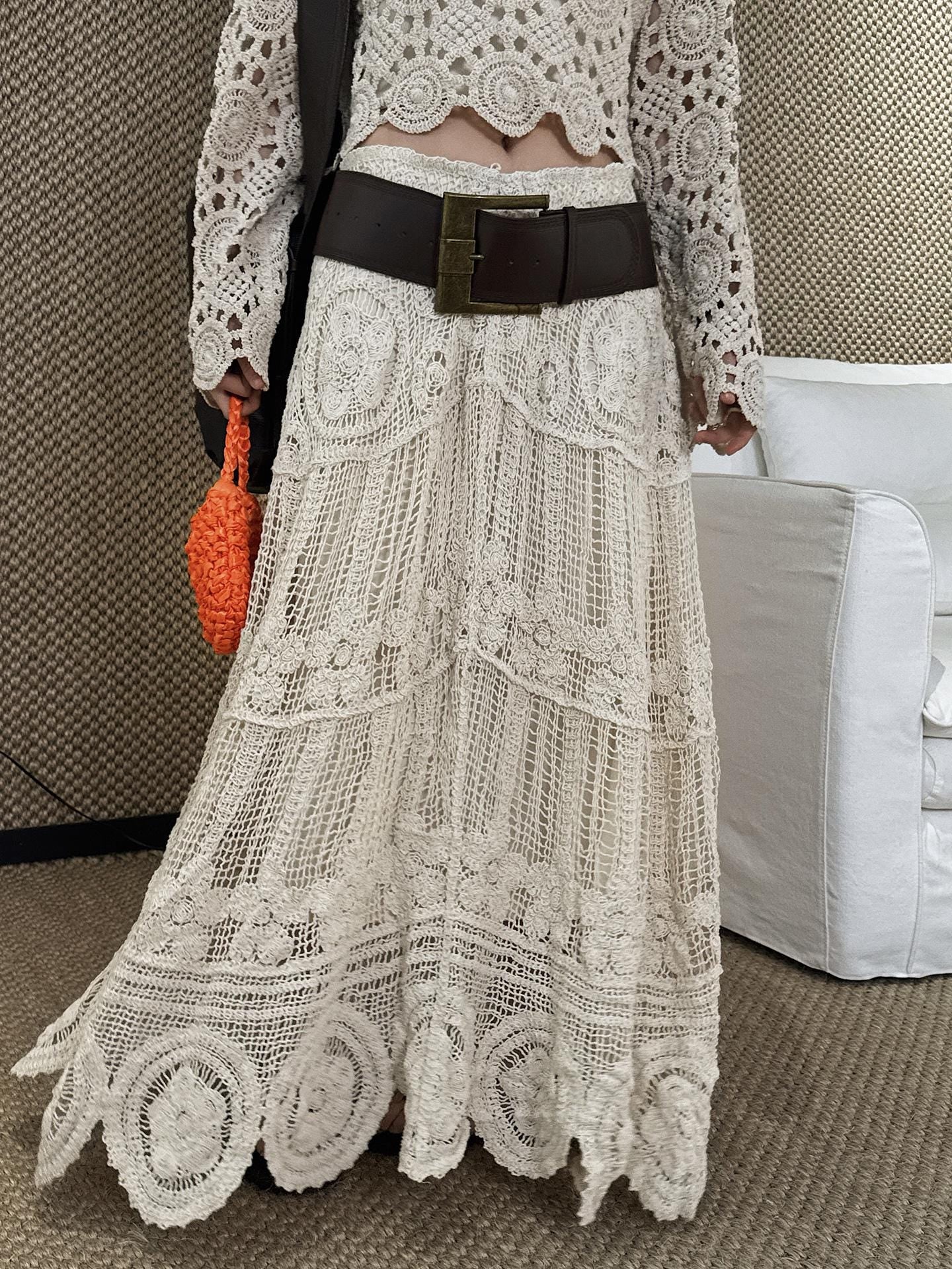 Bohemian Crochet Lace Maxi Skirt | A-Line Kni Cottagecore Handmade Skirt
