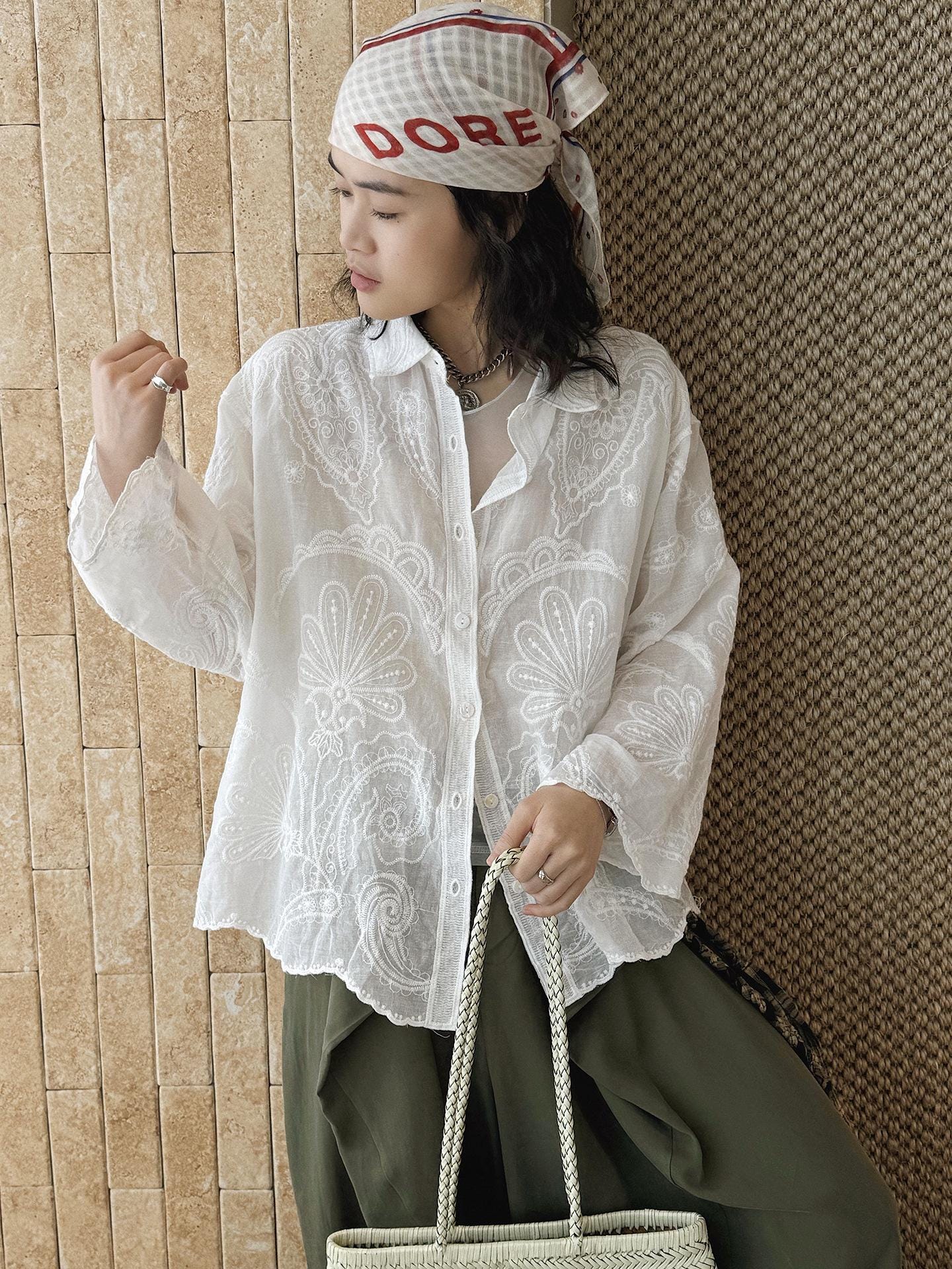 French Vintage Paisley Embroidered Sheer Lightweight Cardigan Blouse Boho Loose Fit Button Down Shirt