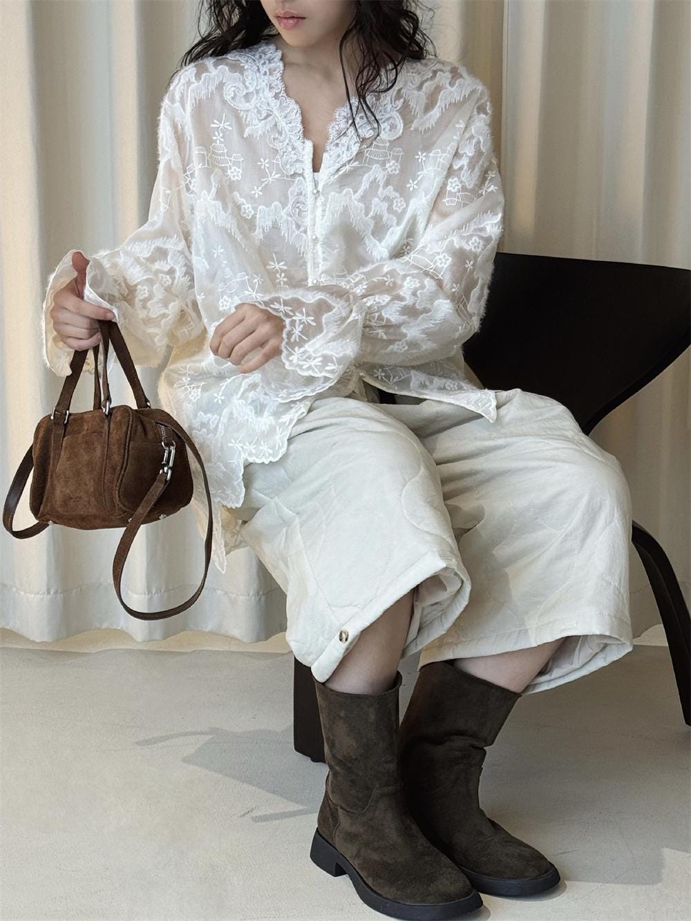 French V-Neck Embroidered Lace Blouse Romantic Sheer Long Sleeve Top Vintage Feminine Floral Shirt