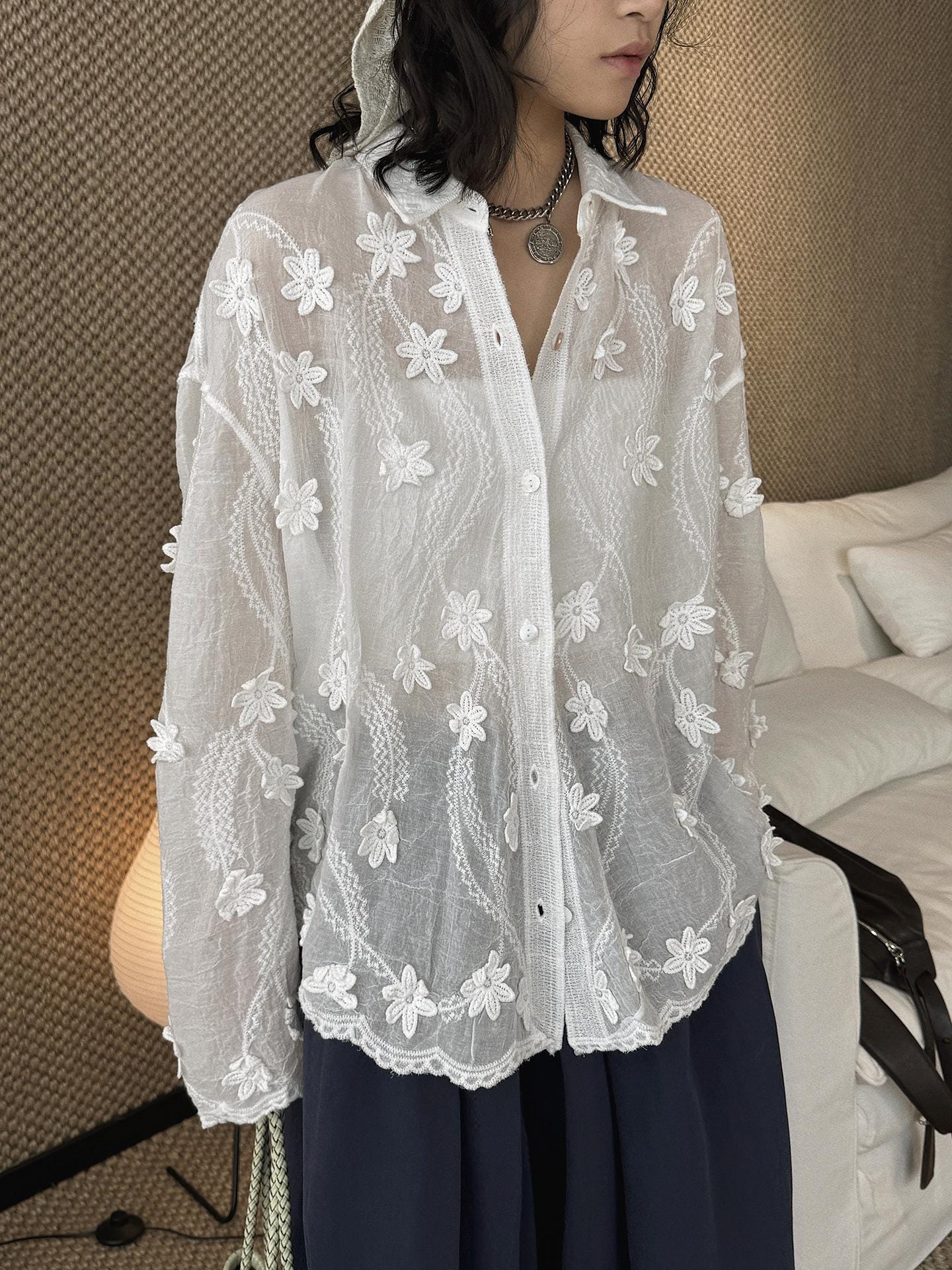 Minimal 3D Flower Sheer Shirt Loose Fit Blouse Women Oversized Shirt Lightweight Top
