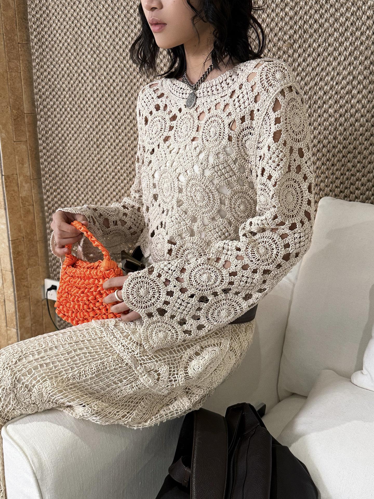 French Bohemian Crochet Knit Top, Spring Cottagecore Sheer Sweater, Handmade Style Short Lace Blouse