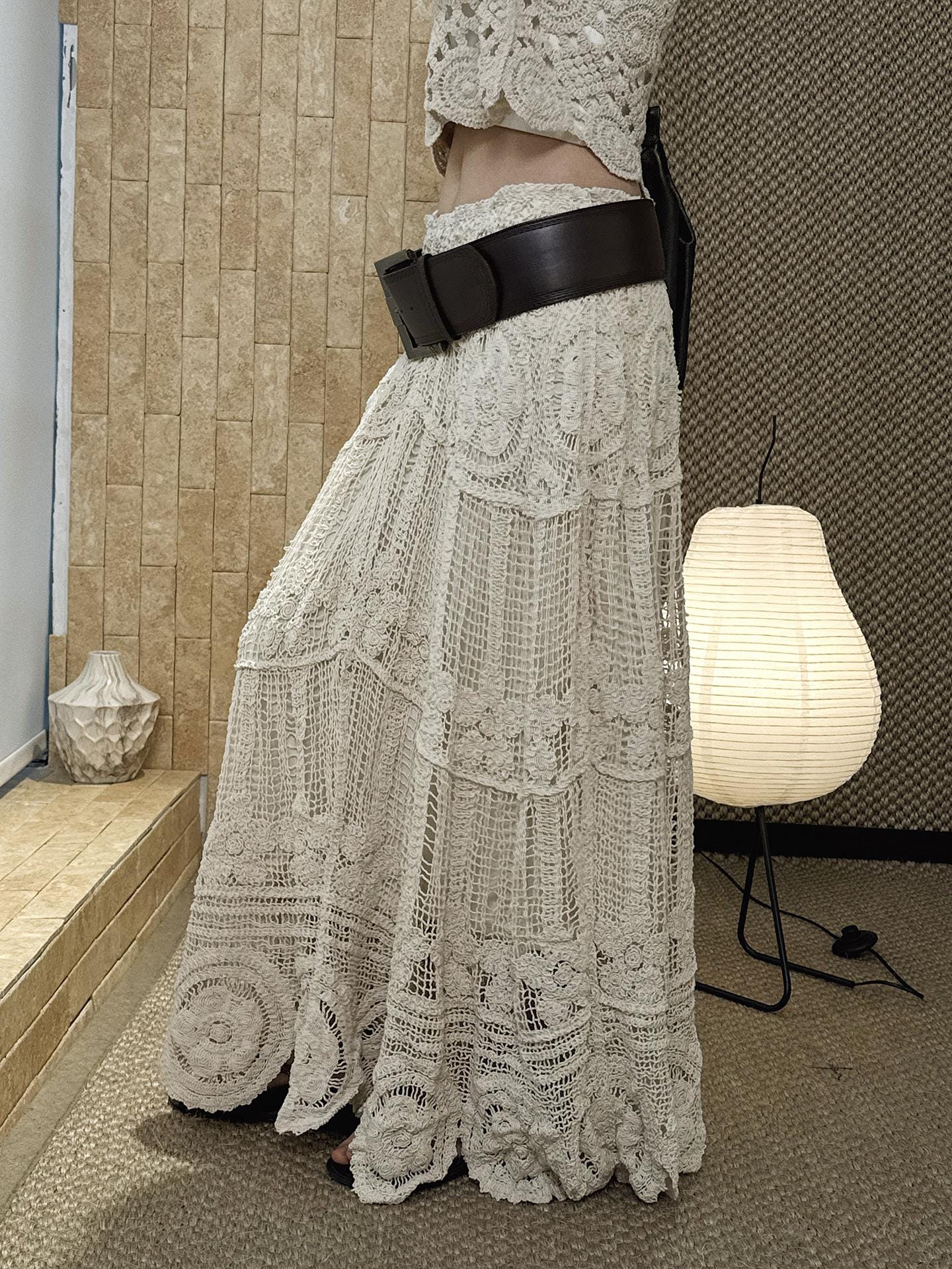 Bohemian Crochet Lace Maxi Skirt | A-Line Kni Cottagecore Handmade Skirt