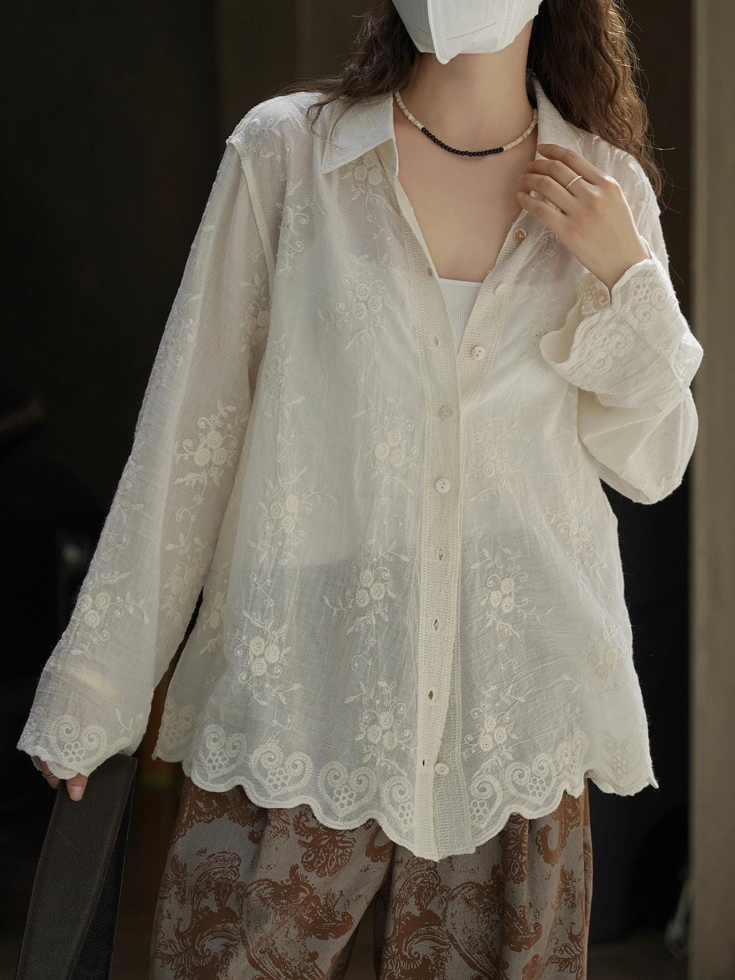 Elegant Vintage Embroidered Floral Texture Shirt Blouse