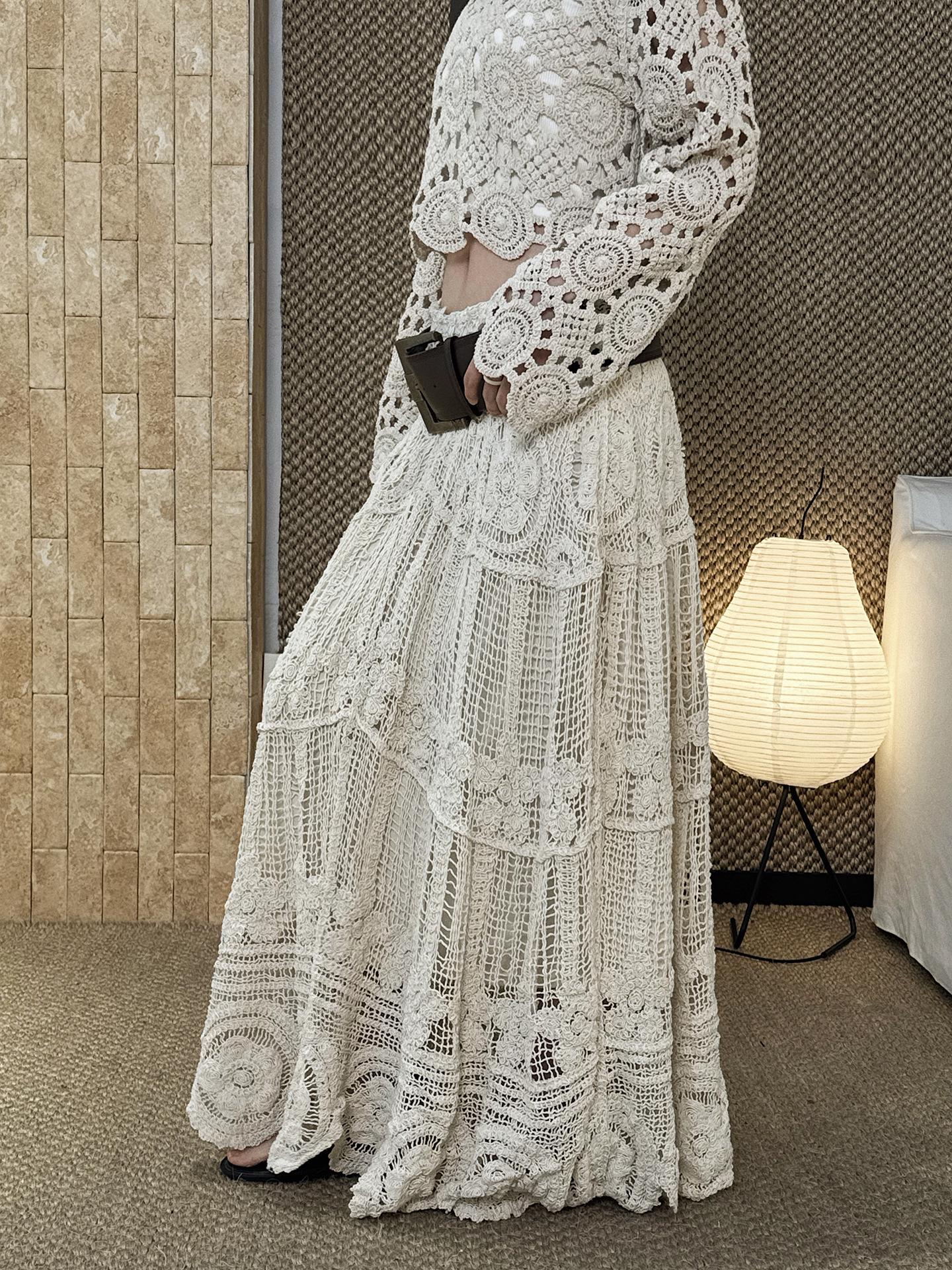 Bohemian Crochet Lace Maxi Skirt | A-Line Kni Cottagecore Handmade Skirt
