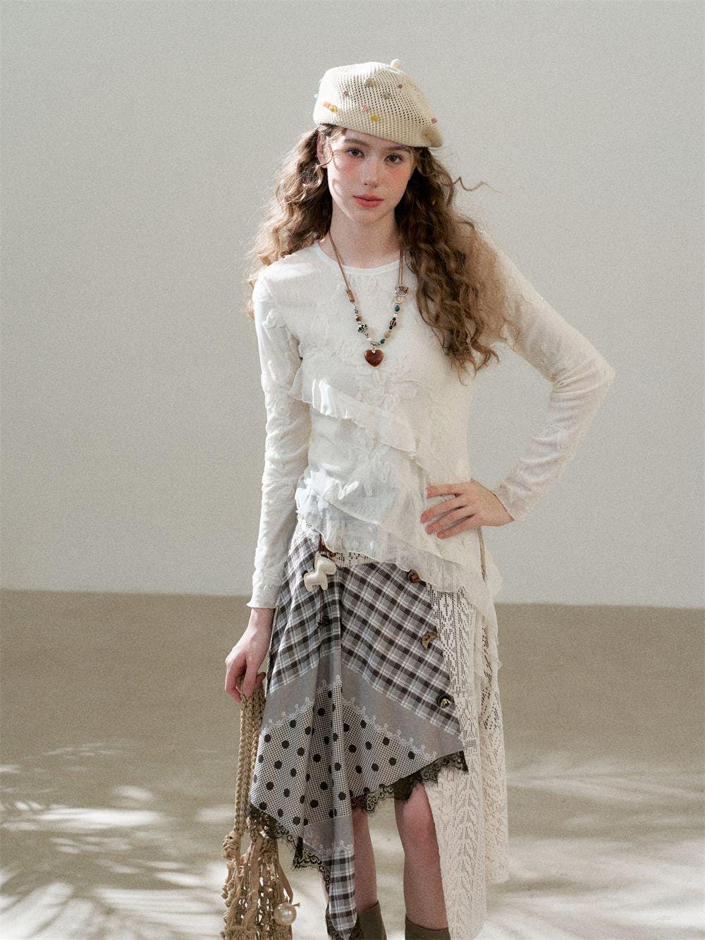 Deconstructed Check Lace Patchwork Skirt