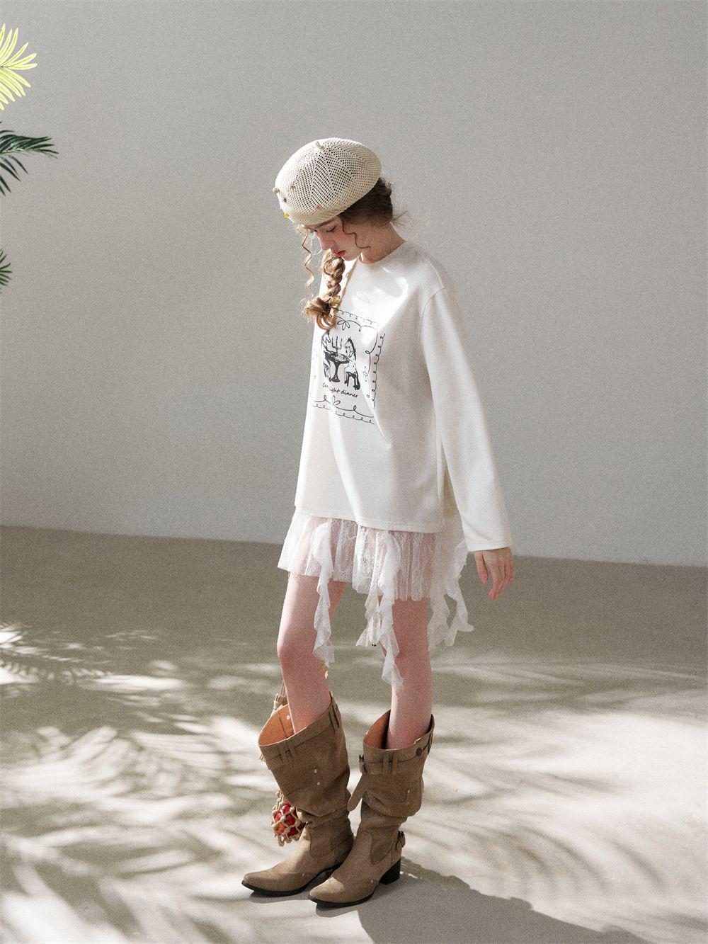 Faux Layered Lace Tunic Top | Romantic Lace Hem Graphic T-Shirt | Casual Tee