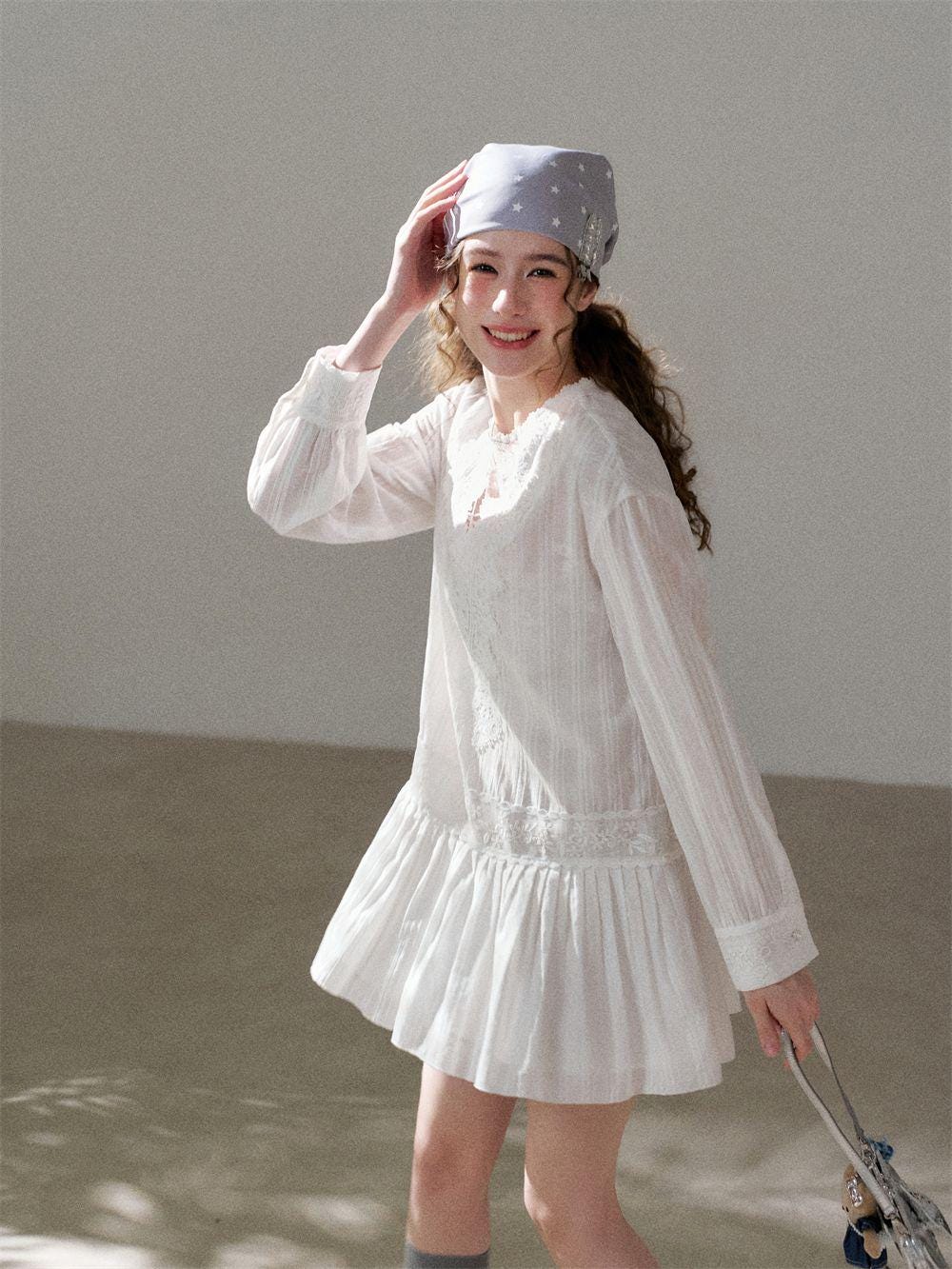 White Lace V-Neck Pleated Dress | Romantic Cotton Blend A-Line Korean Style