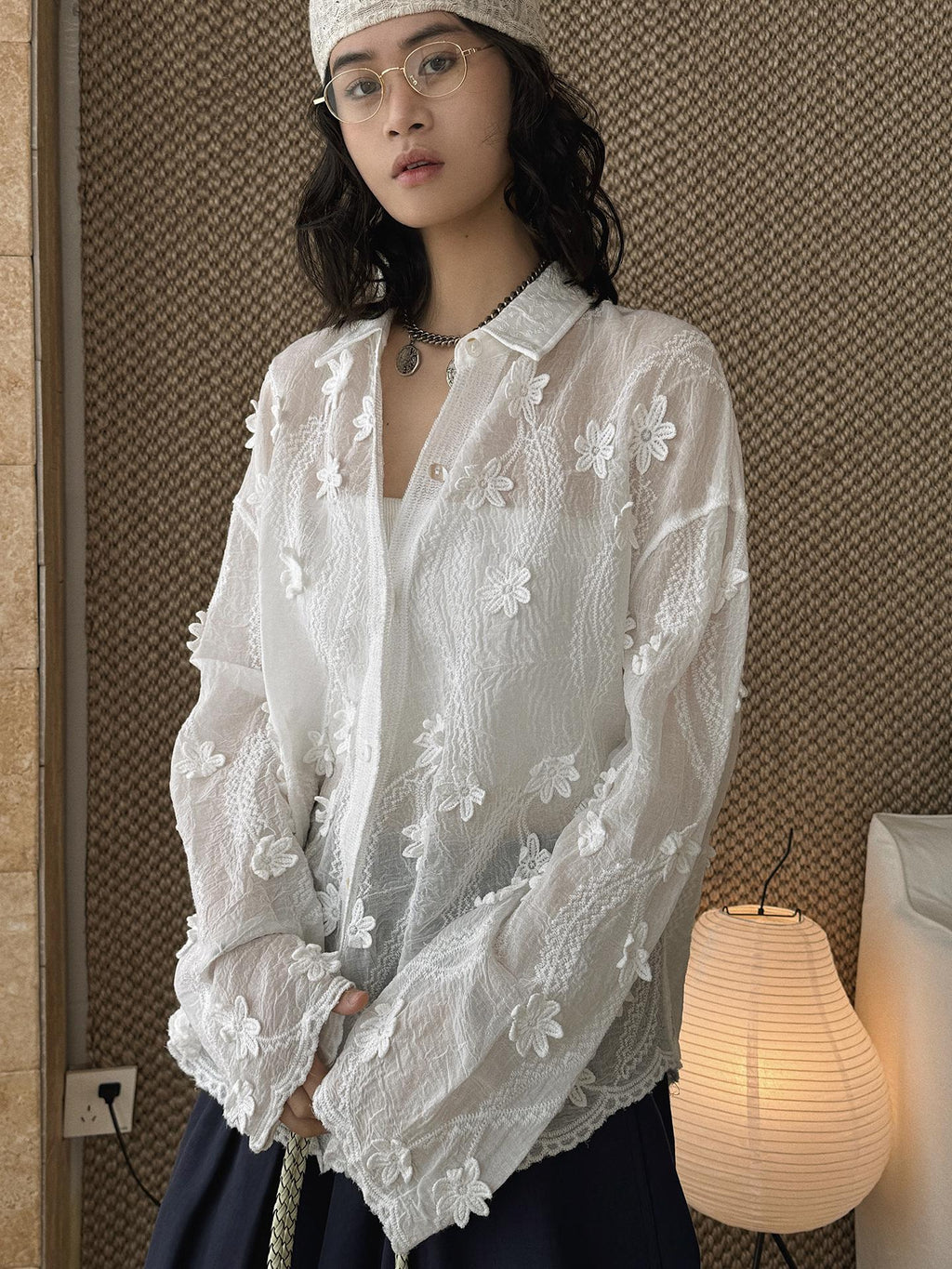 Minimal 3D Flower Sheer Shirt Loose Fit Blouse Women Oversized Shirt Lightweight Top