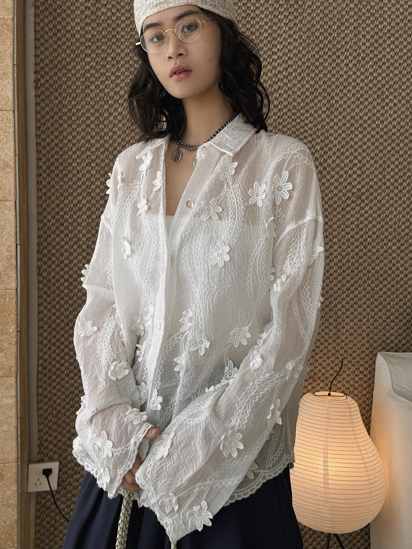 Minimal 3D Flower Sheer Shirt Loose Fit Blouse Women Oversized Shirt Lightweight Top