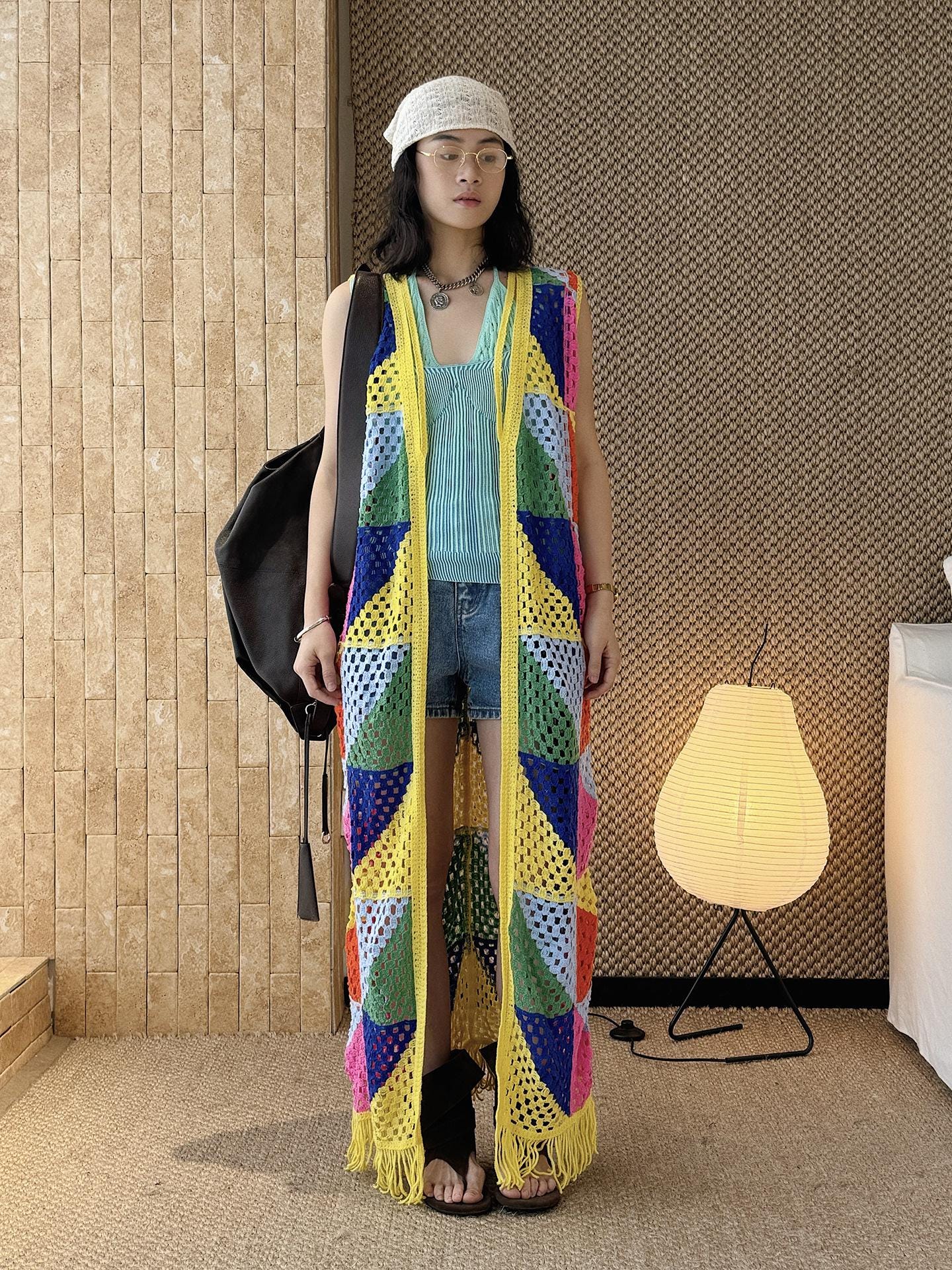 Argyle Open Knit Long Cardigan Boho Lightweight Cover Up Loose Fit Resort Wear