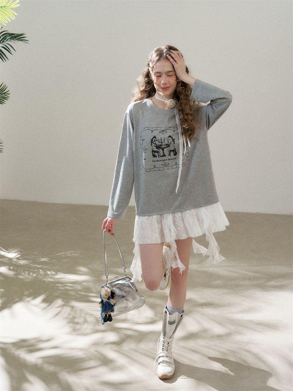 Faux Layered Lace Tunic Top | Romantic Lace Hem Graphic T-Shirt | Casual Tee