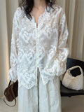 French V-Neck Embroidered Lace Blouse Romantic Sheer Long Sleeve Top Vintage Feminine Floral Shirt