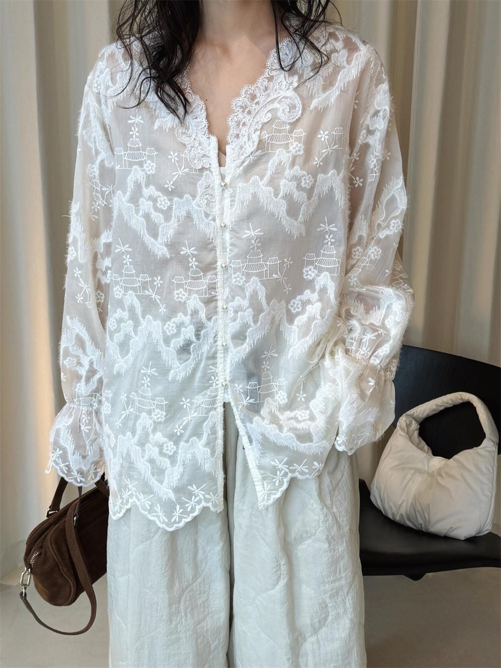 French V-Neck Embroidered Lace Blouse Romantic Sheer Long Sleeve Top Vintage Feminine Floral Shirt