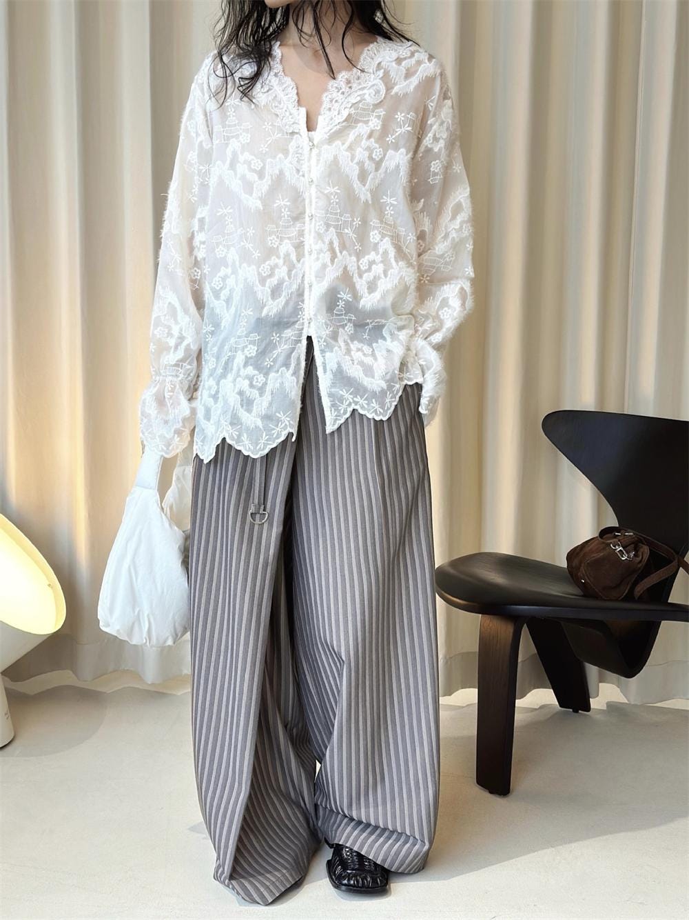 French V-Neck Embroidered Lace Blouse Romantic Sheer Long Sleeve Top Vintage Feminine Floral Shirt