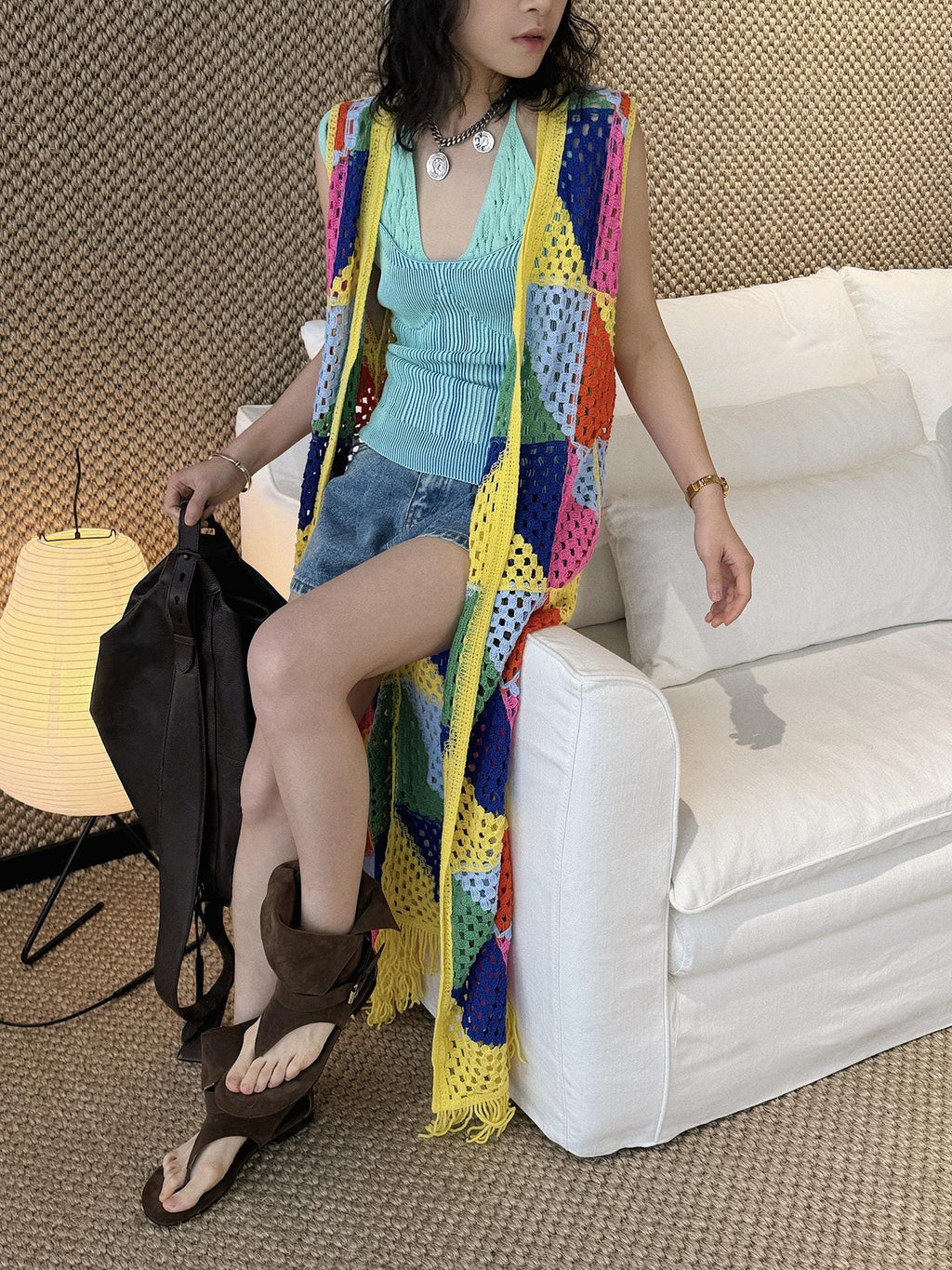 Argyle Open Knit Long Cardigan Boho Lightweight Cover Up Loose Fit Resort Wear