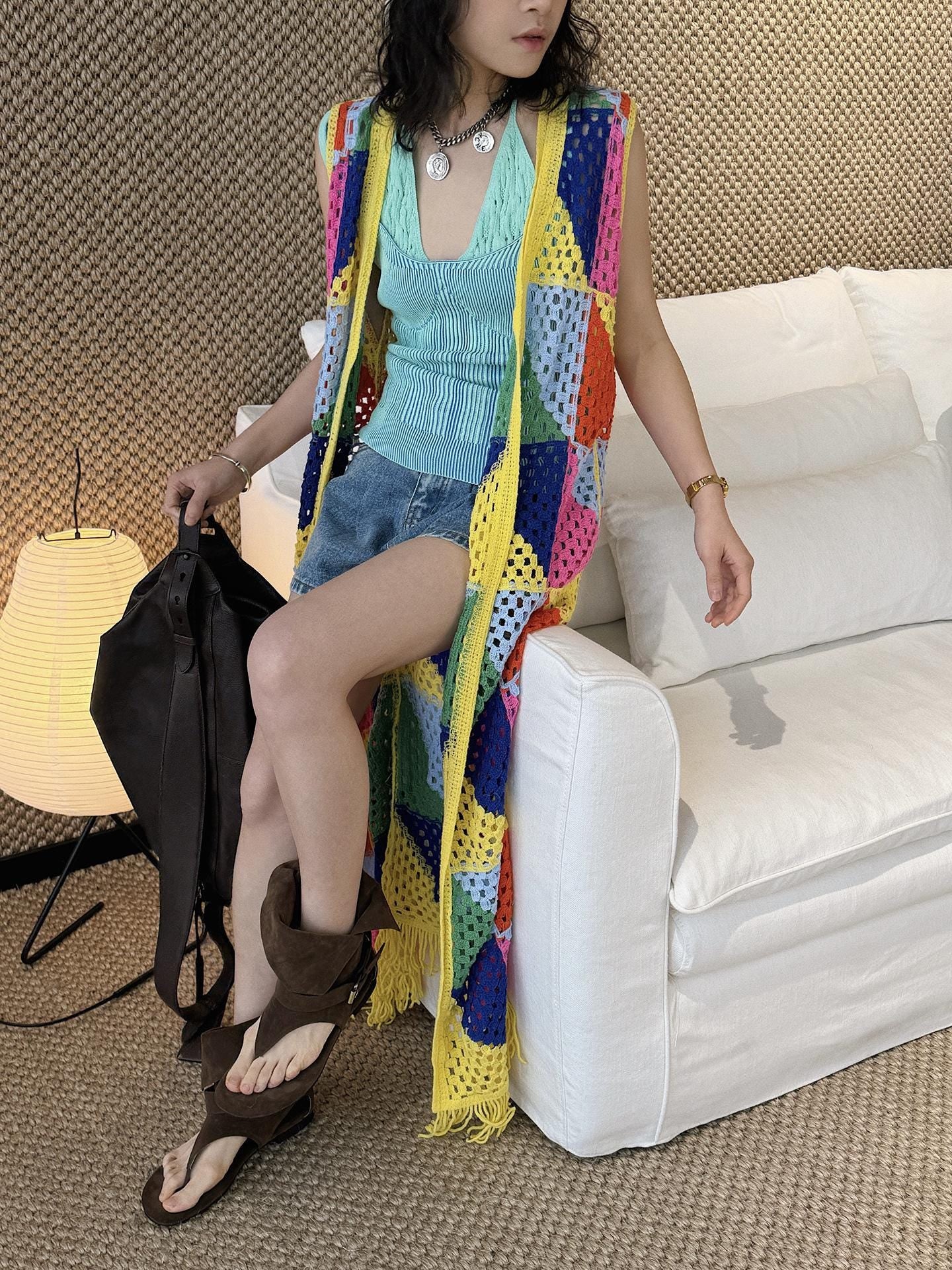 Argyle Open Knit Long Cardigan Boho Lightweight Cover Up Loose Fit Resort Wear
