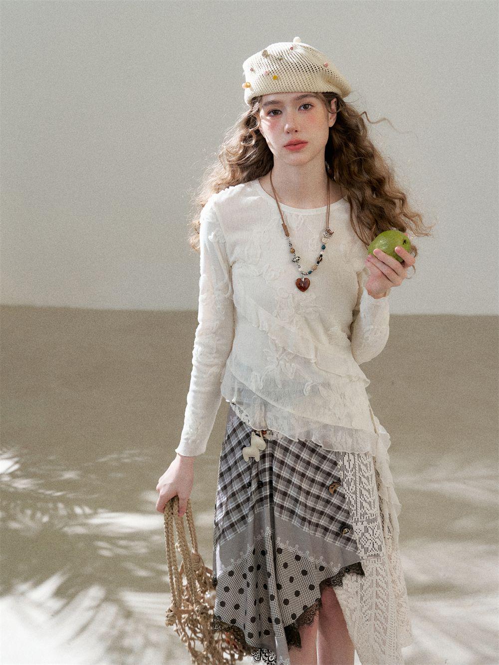 Silk Ruffle Mesh Embroidered Floral Top