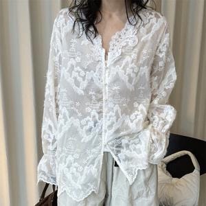 French V-Neck Embroidered Lace Blouse Romantic Sheer Long Sleeve Top Vintage Feminine Floral Shirt