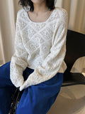 Square Neck Open Knit Sweater Sheer Hollow Loose Fit Cropped Knit Layering Pullover