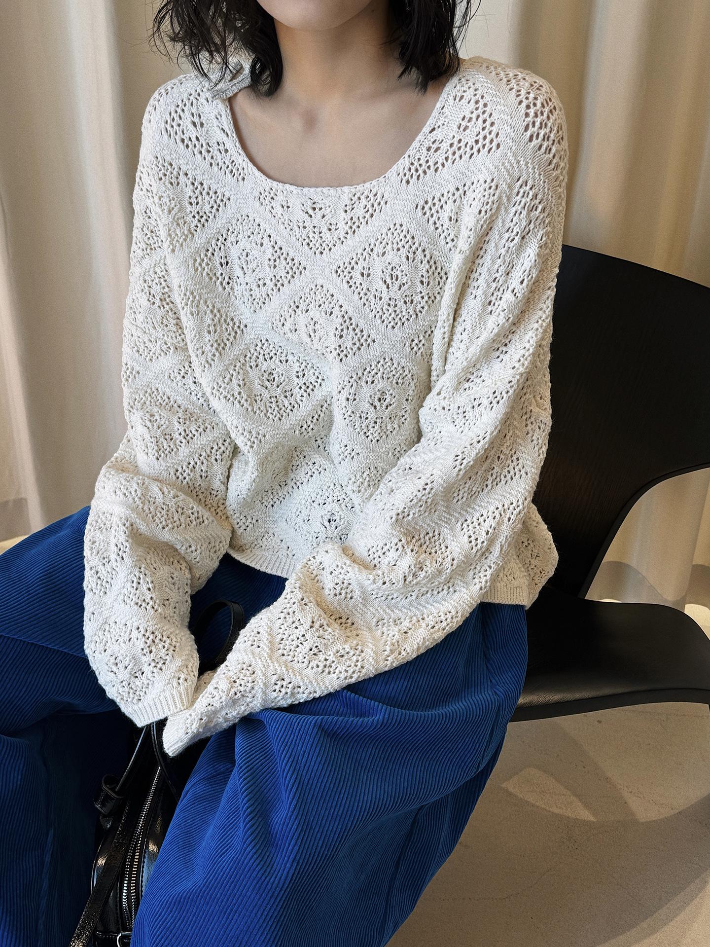 Square Neck Open Knit Sweater Sheer Hollow Loose Fit Cropped Knit Layering Pullover