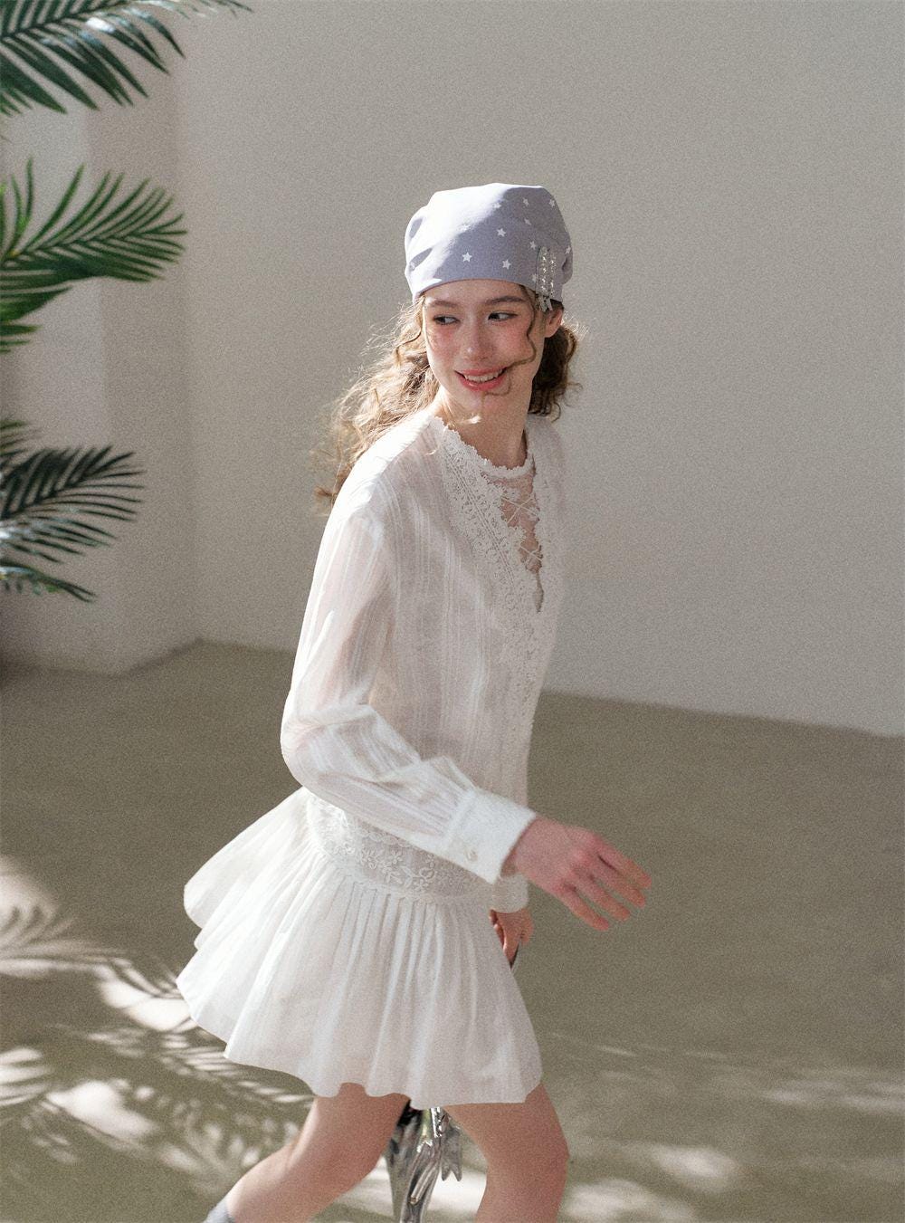 White Lace V-Neck Pleated Dress | Romantic Cotton Blend A-Line Korean Style