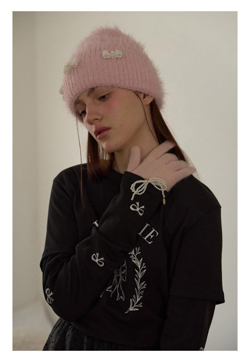 Pearl Ribbon Furry Knit Beanie
