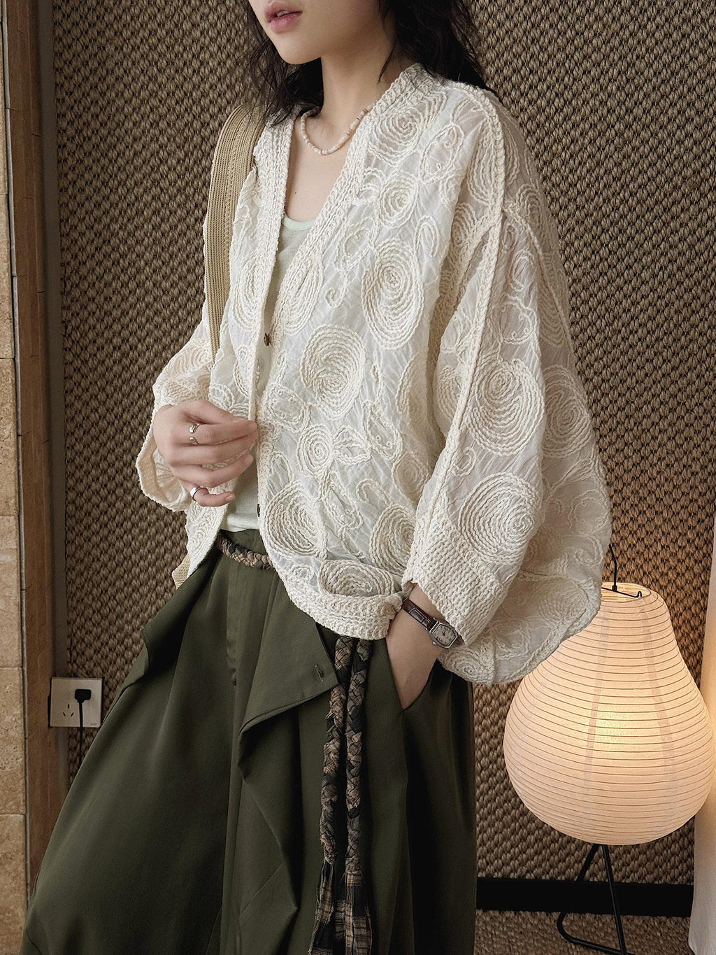 Paisley Embroidered Lace Lightweight Cotton Cover Up Sheer Button Shirt Vintage Style Layering Top