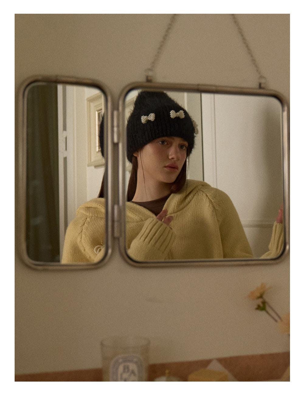 Pearl Ribbon Furry Knit Beanie