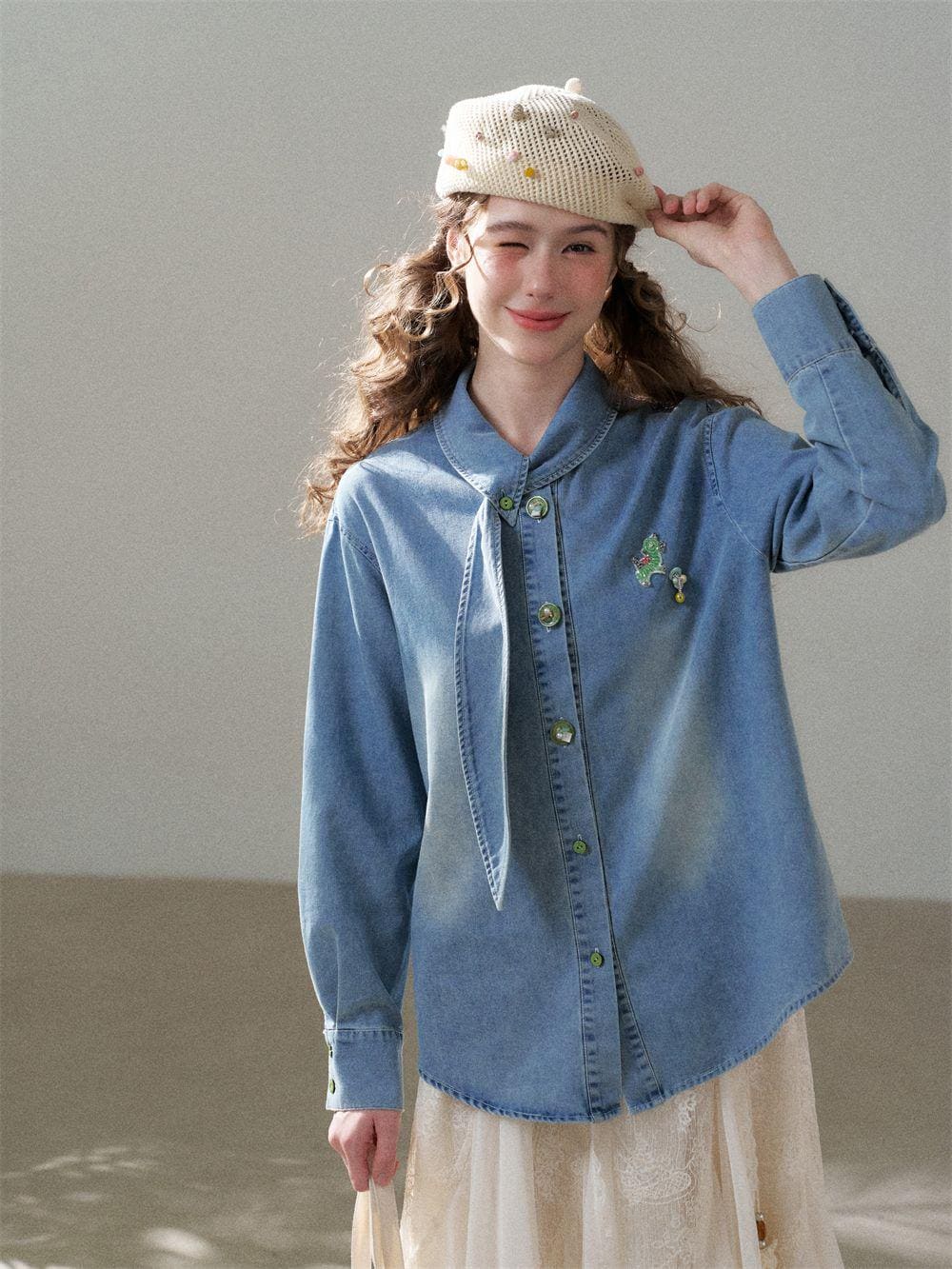 Scarf Collar Denim Shirt with Cartoon Beaded Patch | Loose Vintage Wash Denim Top