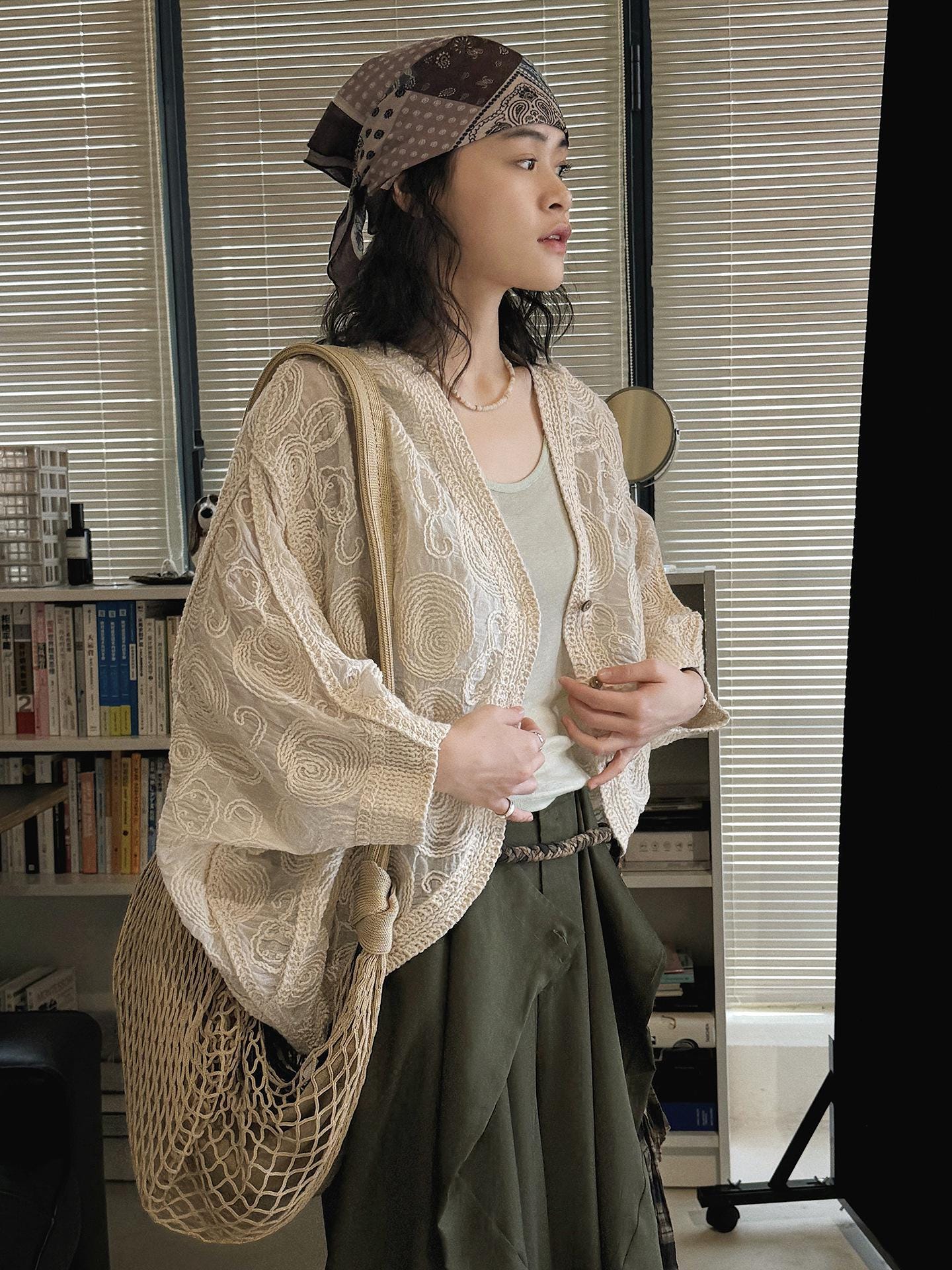Paisley Embroidered Lace Lightweight Cotton Cover Up Sheer Button Shirt Vintage Style Layering Top