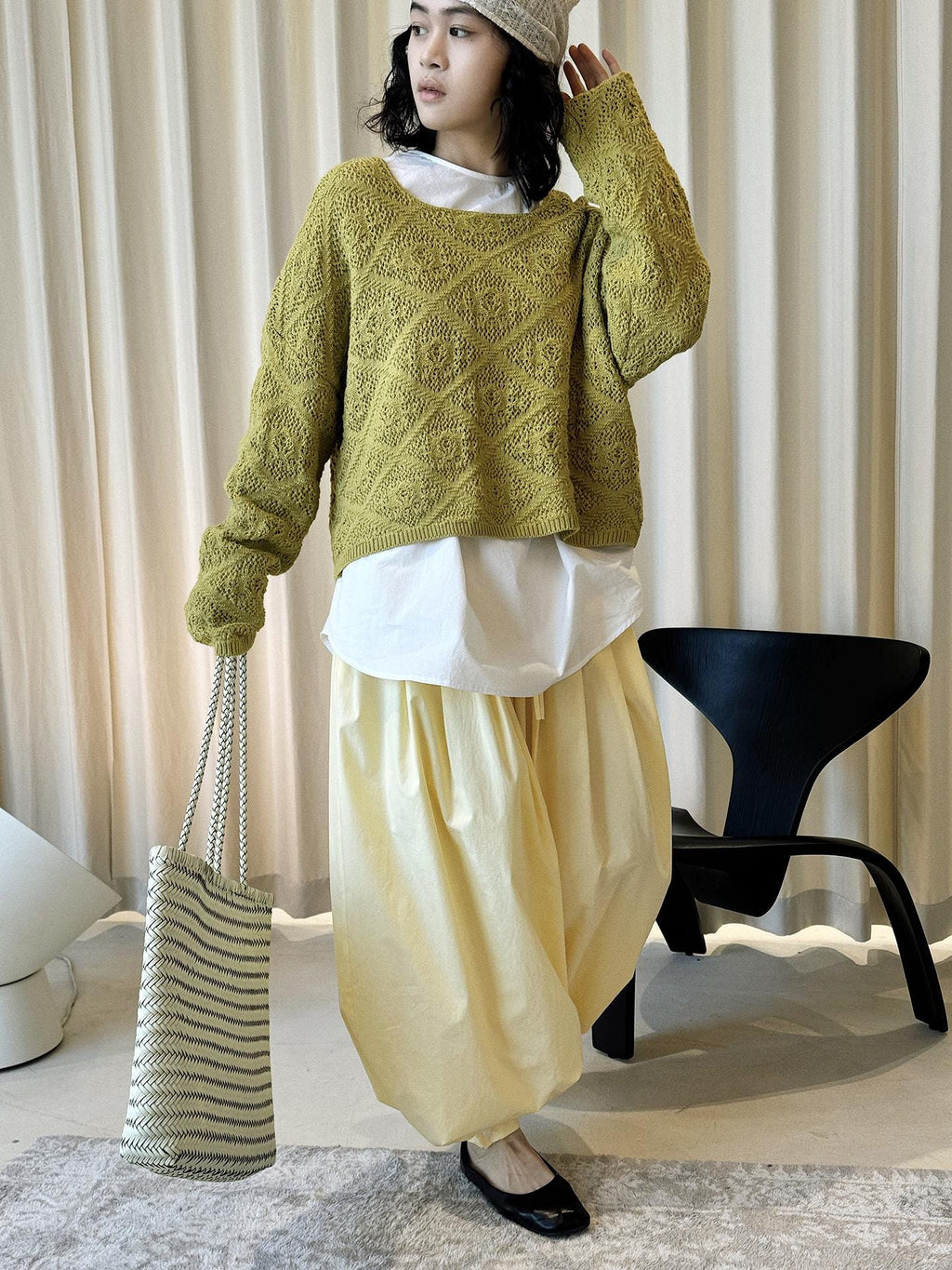 Square Neck Open Knit Sweater Sheer Hollow Loose Fit Cropped Knit Layering Pullover