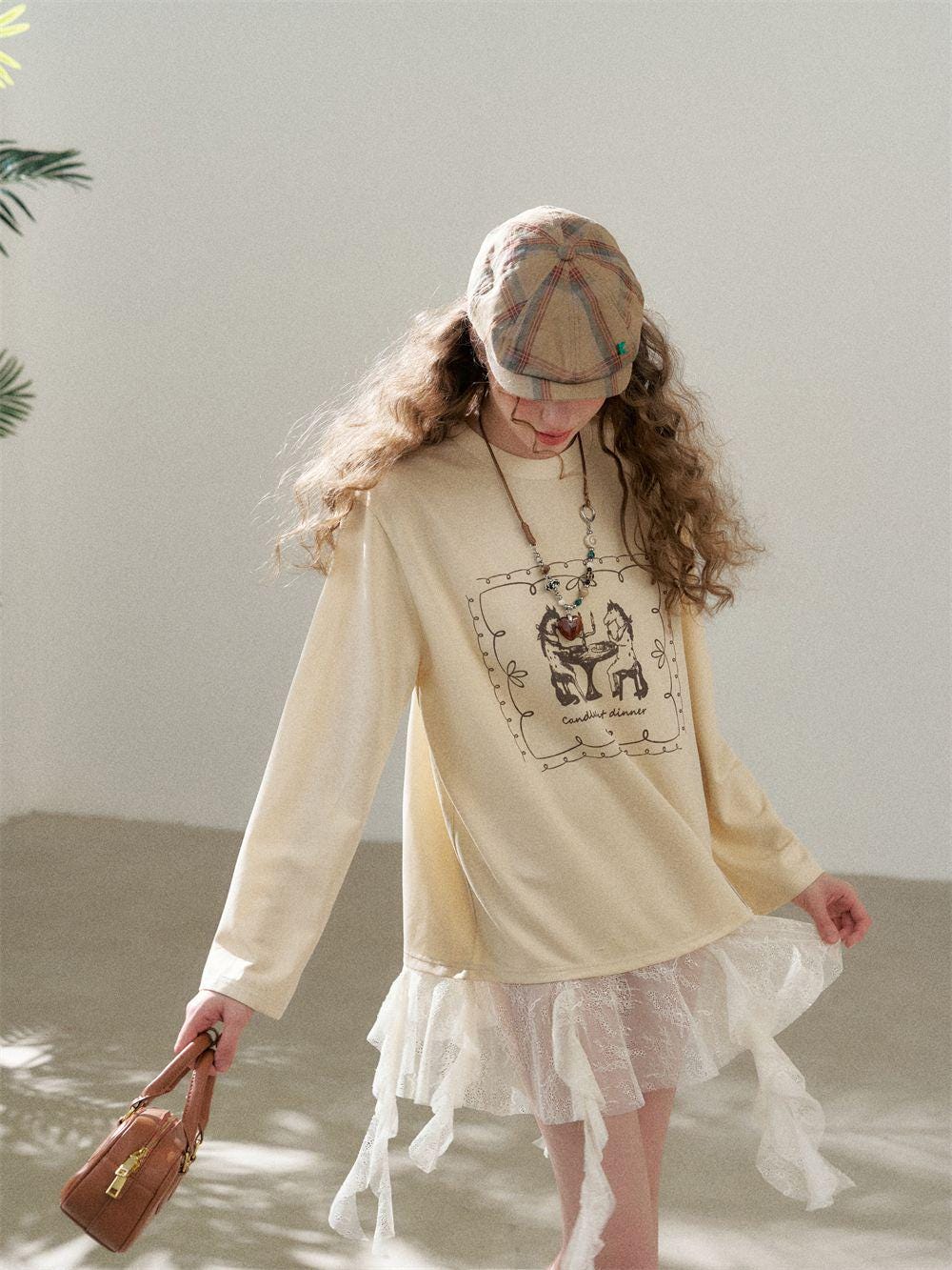 Faux Layered Lace Tunic Top | Romantic Lace Hem Graphic T-Shirt | Casual Tee