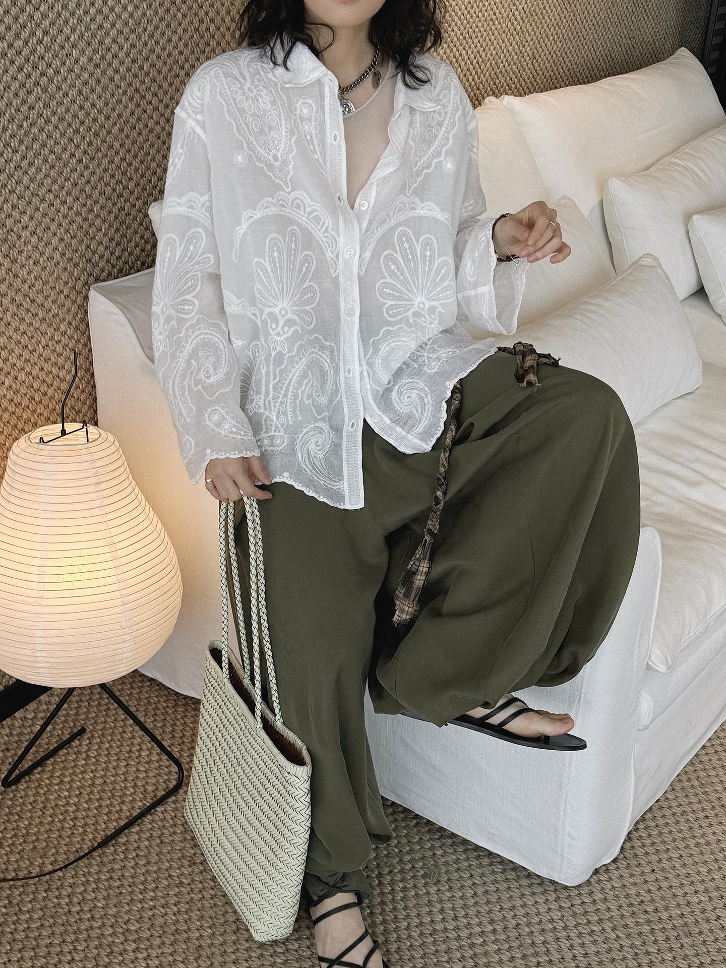 French Vintage Paisley Embroidered Sheer Lightweight Cardigan Blouse Boho Loose Fit Button Down Shirt