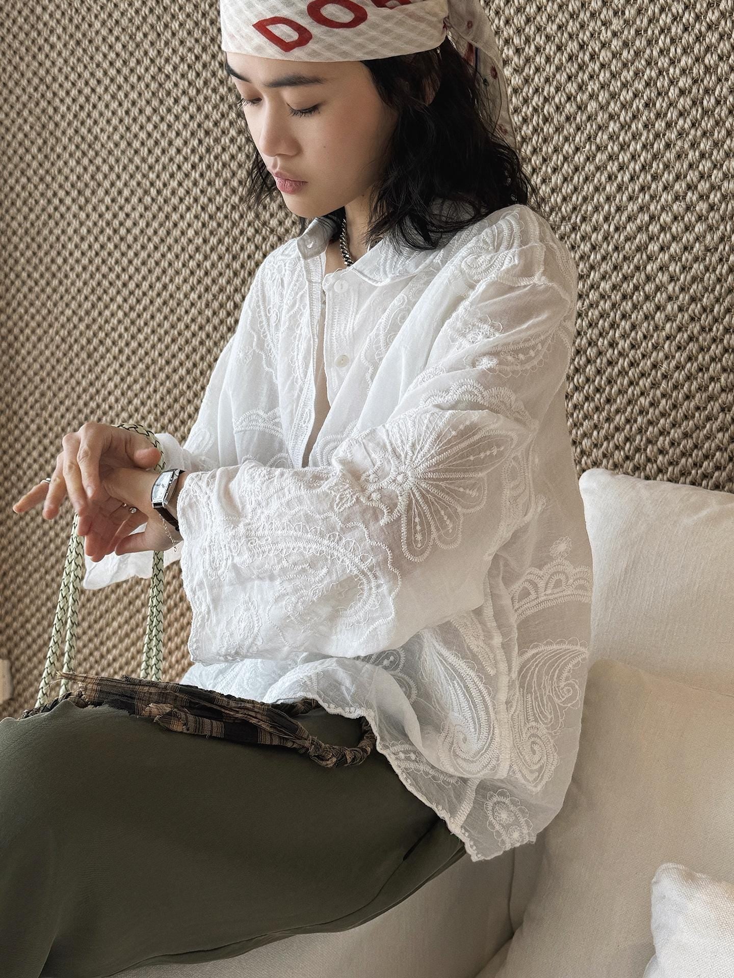 French Vintage Paisley Embroidered Sheer Lightweight Cardigan Blouse Boho Loose Fit Button Down Shirt