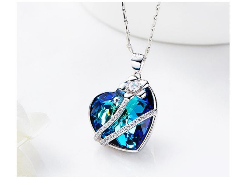 Ocean Heart Flower Crystal Necklace Silver 925 – Romantic Blue Crystal Pendant