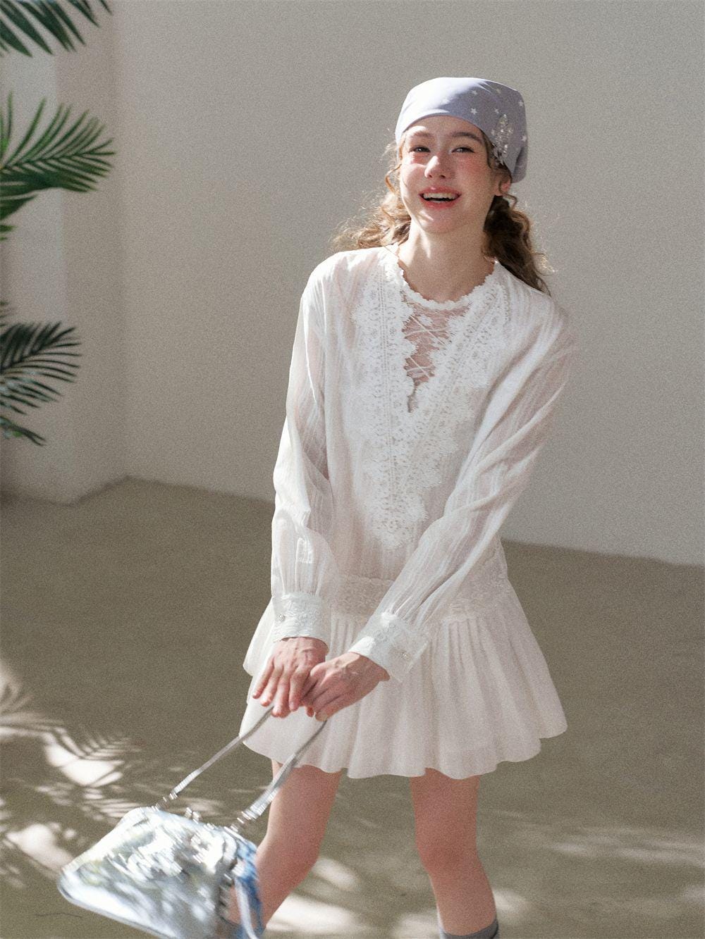 White Lace V-Neck Pleated Dress | Romantic Cotton Blend A-Line Korean Style