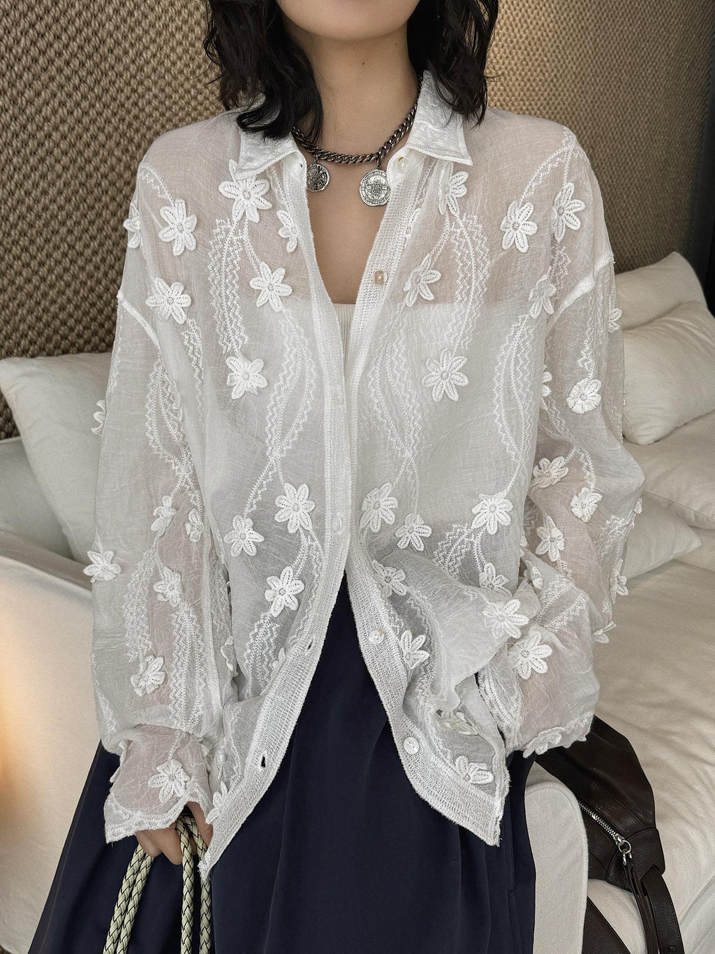 Minimal 3D Flower Sheer Shirt Loose Fit Blouse Women Oversized Shirt Lightweight Top