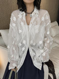 Minimal 3D Flower Sheer Shirt Loose Fit Blouse Women Oversized Shirt Lightweight Top