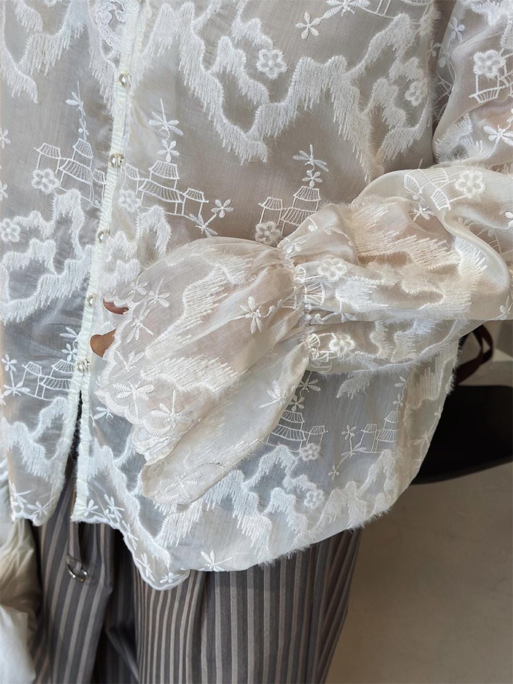 French V-Neck Embroidered Lace Blouse Romantic Sheer Long Sleeve Top Vintage Feminine Floral Shirt