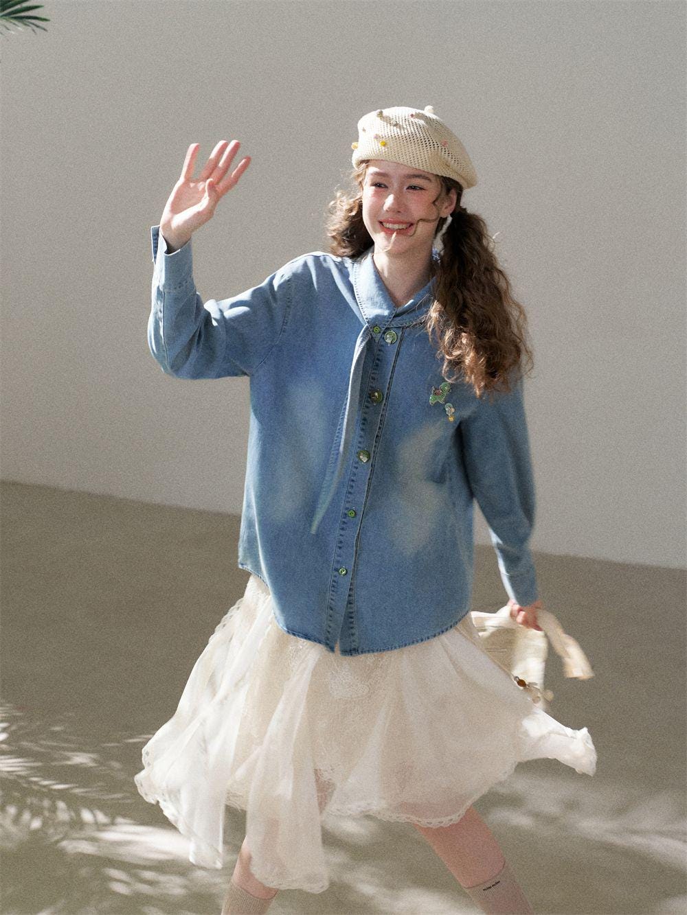 Scarf Collar Denim Shirt with Cartoon Beaded Patch | Loose Vintage Wash Denim Top