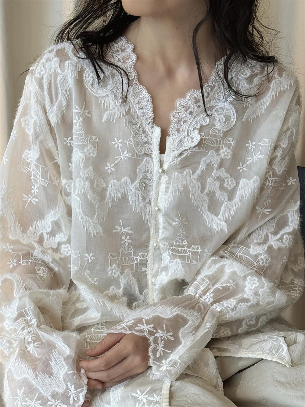 French V-Neck Embroidered Lace Blouse Romantic Sheer Long Sleeve Top Vintage Feminine Floral Shirt
