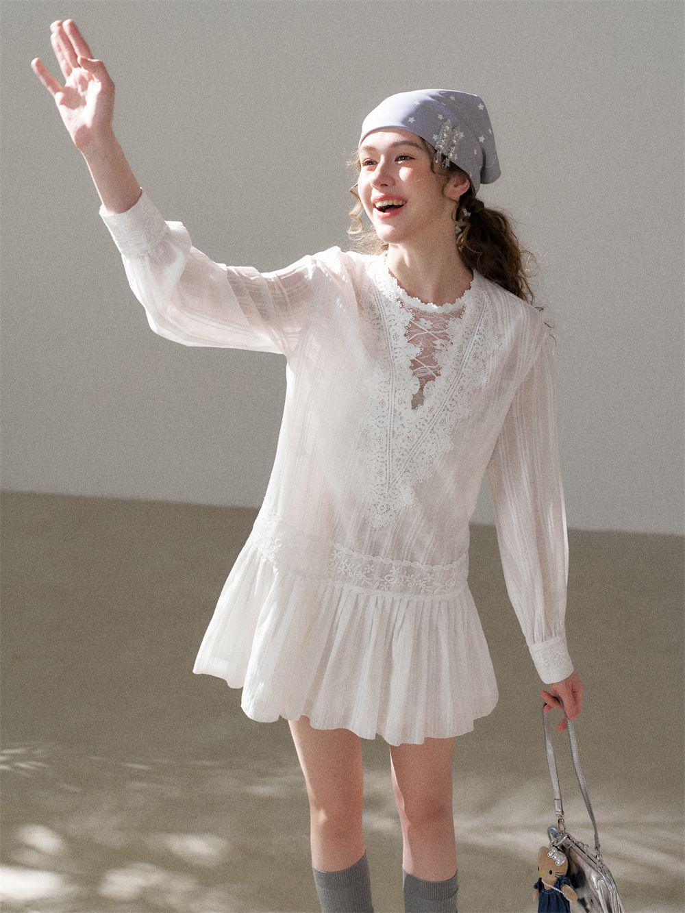 White Lace V-Neck Pleated Dress | Romantic Cotton Blend A-Line Korean Style