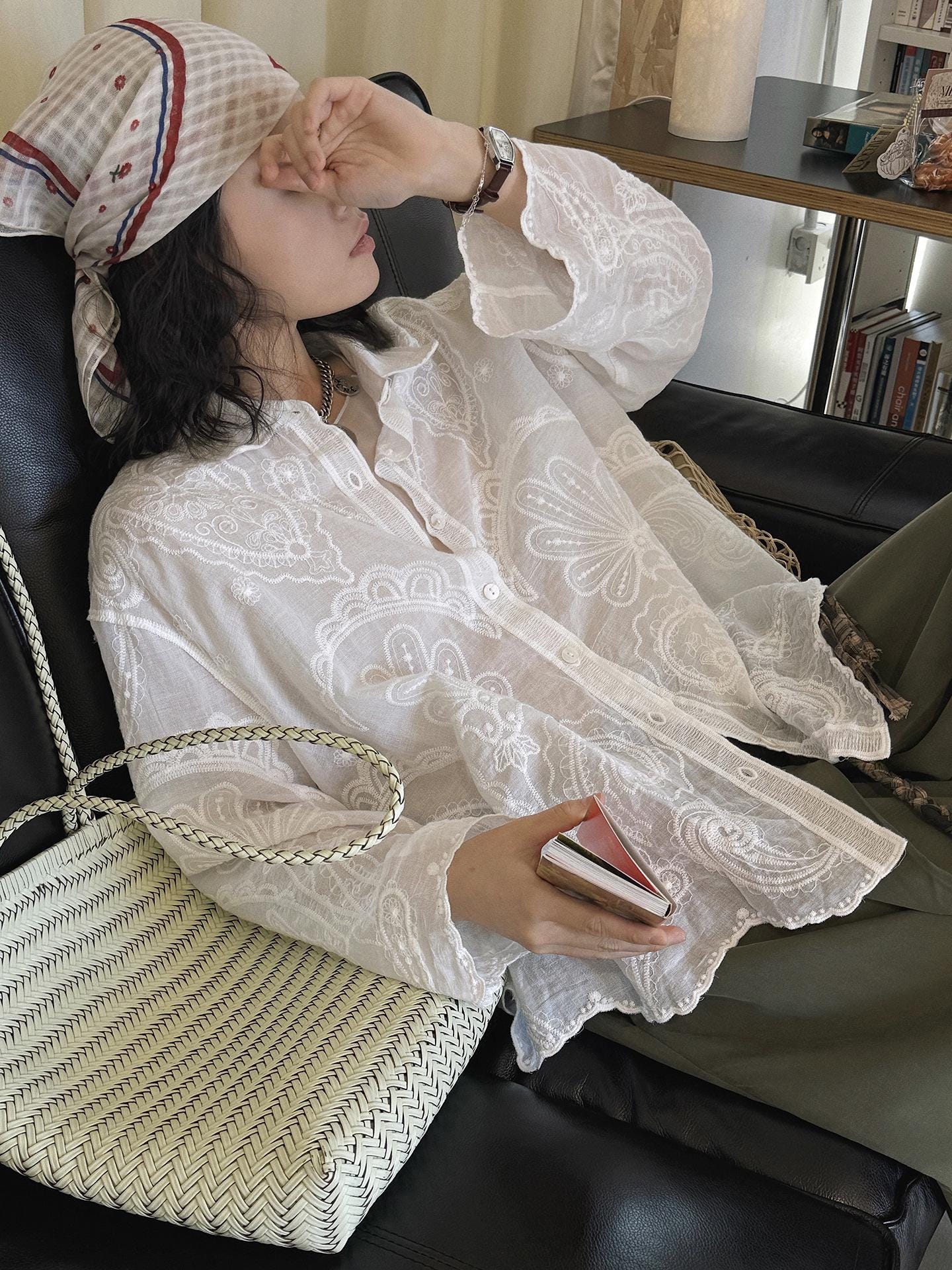 French Vintage Paisley Embroidered Sheer Lightweight Cardigan Blouse Boho Loose Fit Button Down Shirt