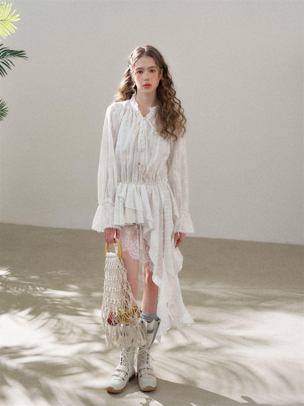 Romantic Cotton Lace Dress | Embroidered Ruffle White Cottagecore Style