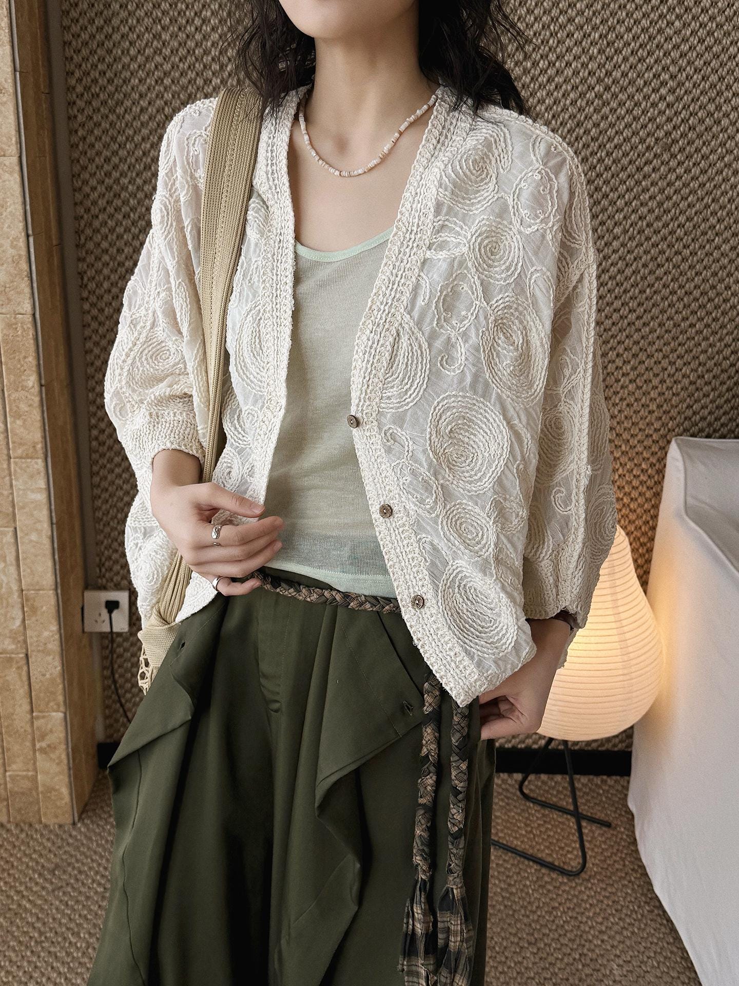 Paisley Embroidered Lace Lightweight Cotton Cover Up Sheer Button Shirt Vintage Style Layering Top