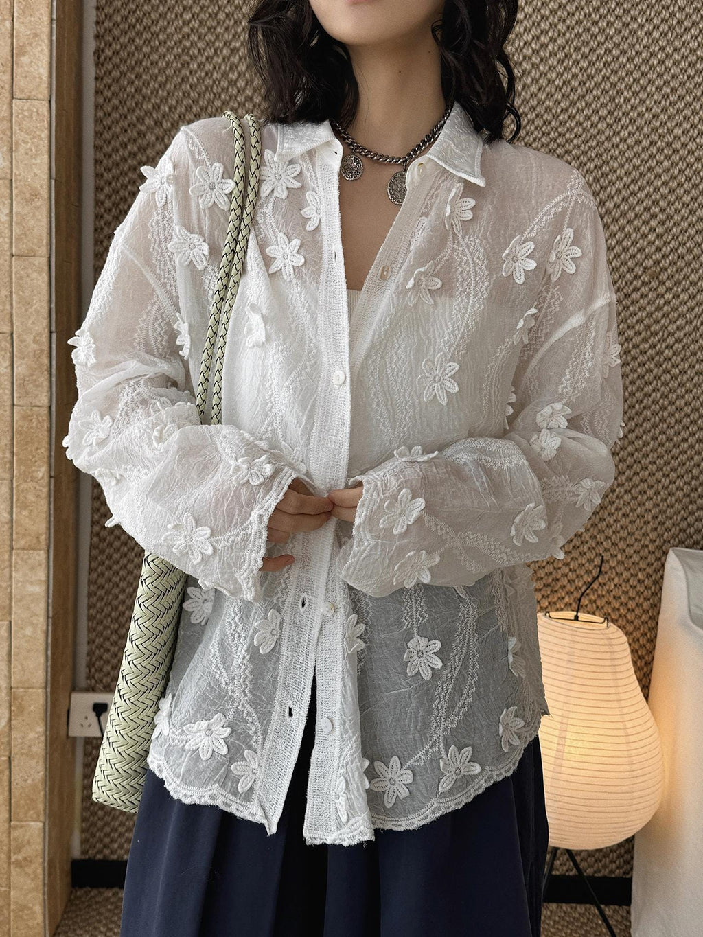 Minimal 3D Flower Sheer Shirt Loose Fit Blouse Women Oversized Shirt Lightweight Top