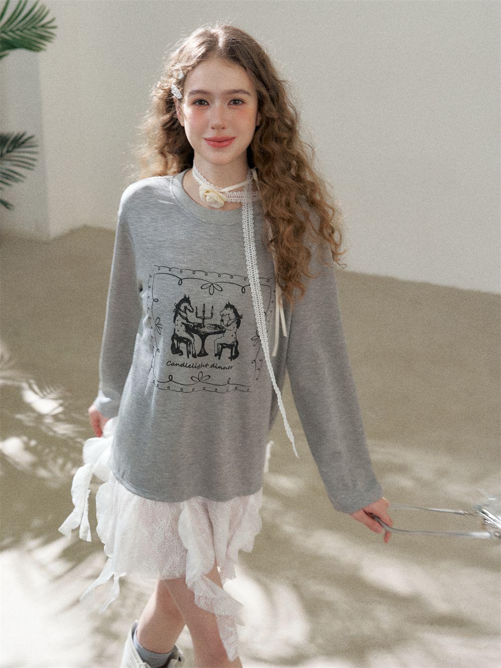 Faux Layered Lace Tunic Top | Romantic Lace Hem Graphic T-Shirt | Casual Tee