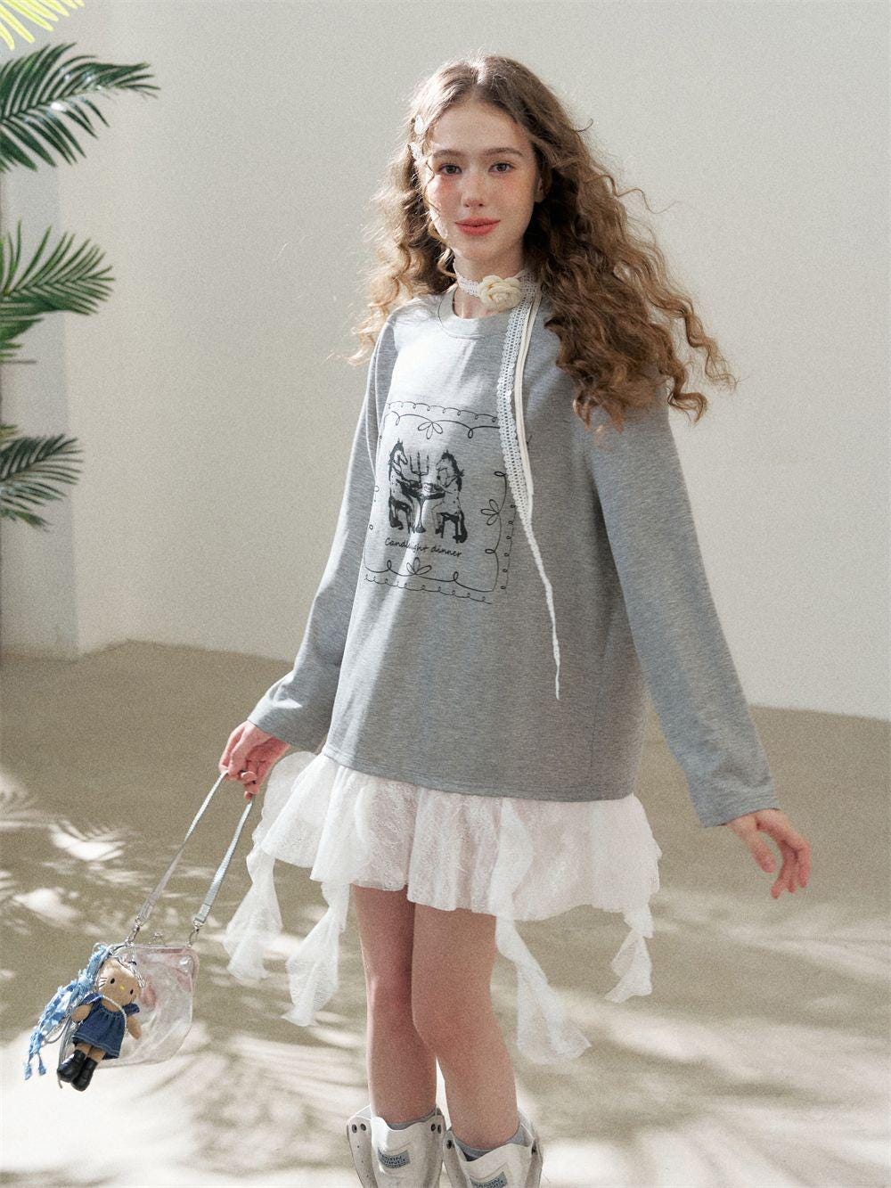 Faux Layered Lace Tunic Top | Romantic Lace Hem Graphic T-Shirt | Casual Tee