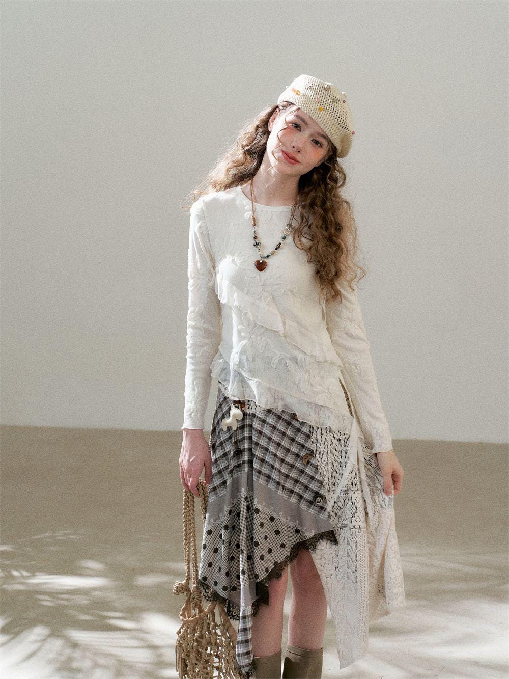 Deconstructed Check Lace Patchwork Skirt