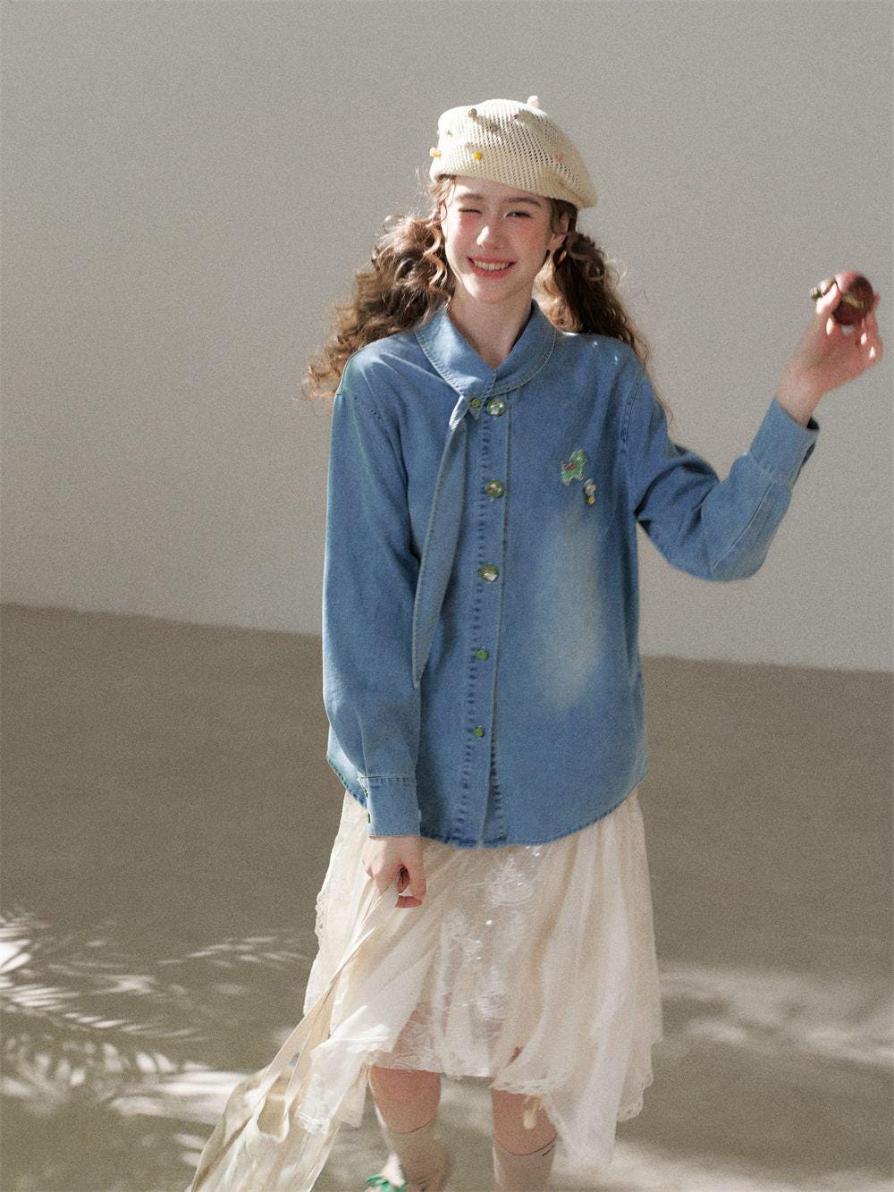 Scarf Collar Denim Shirt with Cartoon Beaded Patch | Loose Vintage Wash Denim Top